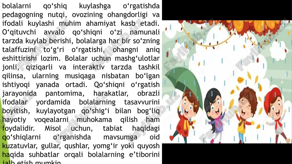 esa ularning sahnalashtirish, rollarga kirish, mimika va plastika kabi ko‘nikmalarini ham shakllantiradi. metodik jihatdan qaralganda, bolalarni qo‘shiq kuylashga o‘rgatish jarayoni bir necha bosqichlarda amalga oshiriladi. dastlabki bosqichda qo‘shiqni tinglash, kuyga quloq solish va umumiy taassurot hosil qilish ustida ishlanadi. qo‘shiq kuylashga o‘rgatishda oilaning, ota-onalarning roli ham katta. uyda bolalarga musiqiy muhit yaratish, ular bilan birga qo‘shiq kuylash, musiqiy asarlar tinglash, bolalarning sahna chiqishlariga ruhan tayyorlanishlari ularning bu faoliyatga nisbatan bo‘lgan ijobiy munosabatini shakllantiradi. shuningdek, bolalar bog‘chasi yoki maktabgacha ta’lim tashkilotlarida muntazam ravishda qo‘shiq tanlovlari, musiqiy ertaklar, bayram tadbirlari va ijodiy kechalar tashkil etilishi bolalarning sahna madaniyati, jamoa bilan ishlash va o‘ziga bo‘lgan ishonchini oshiradi. bundan tashqari, bolalarni qo‘shiq kuylashga o‘rgatishda milliy va zamonaviy qo‘shiqlar muvozanatini saqlash kerak. milliy kuylar orqali xalq og‘zaki ijodi, urf-odatlar, qadriyatlar haqida tasavvur berish, zamonaviy bolalar qo‘shiqlari orqali esa ularning dunyoqarashini kengaytirish, yangi bilimlar berish mumkin. har ikki yo‘nalish ham bolalarning musiqiy dunyoqarashini boyitadi va ularni …