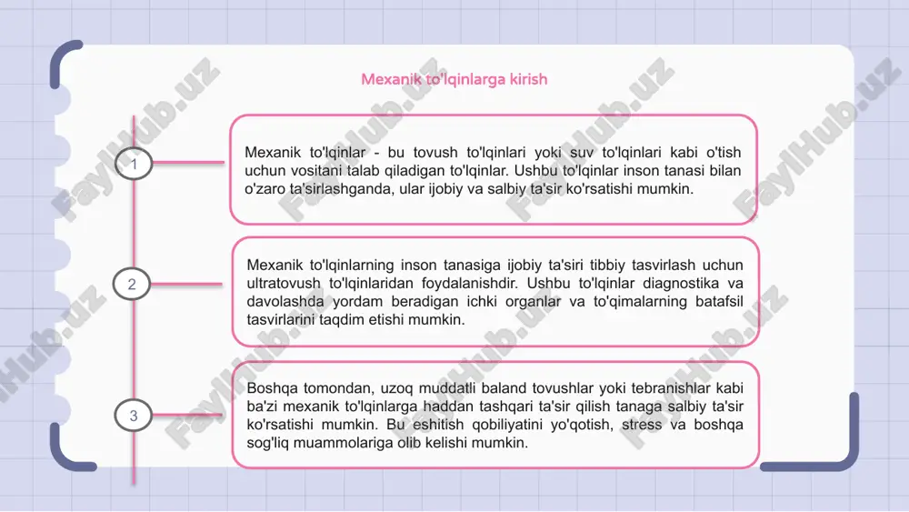 to'lqinlarning mumkin bo'lgan xavflaridan himoya qila olamiz. mexanik to'lqinlarga mushak-skelet tizimining javobi mexanik to'lqinlar inson tanasiga, xususan, mushak-skelet tizimiga sezilarli ta'sir ko'rsatishi mumkin. mexanik to'lqinlar ta'sirida mushaklar charchoq va bezovtalikka olib keladigan tebranishlarni boshdan kechirishi mumkin. bu tebranishlar, shuningdek, mushaklarga qon oqimini rag'batlantirish, ularning kislorod va oziq moddalar bilan ta'minlash yaxshilash mumkin. biroq, mexanik to'lqinlarga haddan tashqari ta'sir qilish mushaklarning qattiqligi va og'rig'iga olib kelishi mumkin, bu esa potentsial jarohatlarga olib keladi. shuning uchun mexanik to'lqinlarning tayanch-harakat tizimiga ta'sirini tushunish va tanaga yuzaga kelishi mumkin bo'lgan salbiy ta'sirlarni minimallashtirish uchun ehtiyot choralarini ko'rish muhimdir. 1 2 3 eshitish va eshitish tizimiga ta'siri mexanik to'lqinlar inson tanasining eshitish va eshitish tizimiga havo orqali va quloq kanaliga o'tadigan tebranishlarni keltirib chiqarishi mumkin. bu to‘lqinlar quloq pardasiga yetib borgach, uning tebranishiga sabab bo‘ladi, bu esa o‘z navbatida tebranishlarni elektr signallariga aylantiruvchi kokleadagi mayda tukchalarni rag‘batlantiradi. keyin bu signallar miyaga yuboriladi, u erda ular …