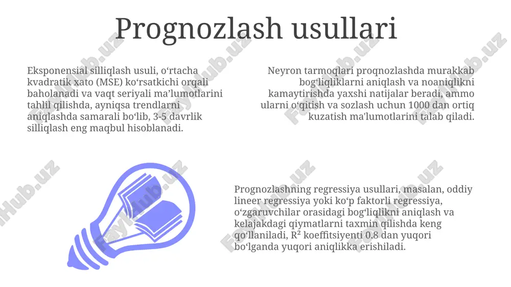 bog'liqlikni aniqlash uchun ishlatiladi, masalan, 0.8 kabi yuqori korrelyatsiya koeffitsienti kuchli bog'liqlikni ko'rsatadi. ko'p o'zgaruvchili regressiya tahlili bir nechta mustaqil o'zgaruvchilarning bog'liq o'zgaruvchiga ta'sirini o'rganadi, p-qiymati har bir mustaqil o'zgaruvchining ahamiyatliligini 0.05 darajasida tekshiradi. oddiy chiziqli regressiya tahlili bitta mustaqil o'zgaruvchi va bitta bog'liq o'zgaruvchi o'rtasidagi munosabatni modellashtiradi, r-kvadrat qiymati modelning tushuntirish qobiliyatini 0 dan 1 gacha baholaydi. natijalarni talqin qilish va xulosalar natijalarni talqin qilishda 95% ishonch oralig'idan foydalanish, o'rtacha qiymat atrofida ±2 standart xato chegarasini aniqlashga yordam beradi va natijalar ishonchliligini baholashga imkon beradi. regressiya tahlili natijalarida r-kvadrat koeffitsiyenti 0.8 dan yuqori bo'lsa, mustaqil va bog'liq o'zgaruvchilar o'rtasidagi kuchli bog'liqlikni ko'rsatadi va modelning prognozlash qobiliyati yuqori ekanligini bildiradi. x² (xi-kvadrat) testi natijasida p-qiymati 0.05 dan kam bo'lsa, nol gipotezani rad etishga asos bo'ladi va kuzatilayotgan farq statistika jihatdan ahamiyatli ekanligini ko'rsatadi. korrelyatsion tahlil korrelyatsion tahlil ikki yoki undan ortiq o'zgaruvchilar o'rtasidagi bog'liqlikni o'rganish uchun pearson korrelyatsiya koeffitsiyenti (r) …