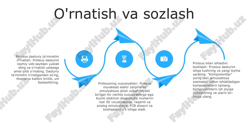 t qilishlari mumkin. virtual prototiplash facilitiesproteus virtual prototiplash vositalarini taklif etadi, bu esa dizaynerlarga jismoniy prototiplarni yaratmasdan o'z sxemalarini sinab ko'rish imkonini beradi. dastur interaktiv simulyatsiya, 3d vizualizatsiya va hatto virtual o'lchash uskunalarini o'z ichiga oladi simulyatsiya start simulyatsiya: proteus foydalanuvchilarga elektron sxemalarni loyihalash va simulyatsiya qilish imkonini beruvchi simulyatsiya dasturidir. bu dizaynlarni jismoniy qurishdan oldin sinovdan o'tkazish va disk raskadrovka qilish uchun virtual muhitni ta'minlaydi. dasturiy ta'minot imkoniyatlari: proteus elektron simulyatsiya, pcb tartibi va mikrokontroller dasturlash kabi keng imkoniyatlarni taklif etadi. u turli komponentlar kutubxonalarini qo'llab-quvvatlaydi va foydalanuvchilarga maxsus komponentlar yaratishga imkon beradi. dizaynni tasdiqlash: proteus-dan foydalanib, muhandislar ishlab chiqarishga kirishishdan oldin o'z dizaynlarini tasdiqlashlari mumkin. simulyatsiya ularga xatolarni aniqlash va tuzatish, ish faoliyatini optimallashtirish va kontaktlarning zanglashiga olib keladigan spetsifikatsiyalarga mos kelishini ta'minlash imkonini beradi. kutubxonalar va komponentlar dizayn imkoniyatlari: proteus foydalanuvchilarga elektron sxemalarning batafsil va aniq sxematik diagrammalarini yaratishga imkon beradi. dasturiy ta'minot intuitiv vositalar bilan qulay …