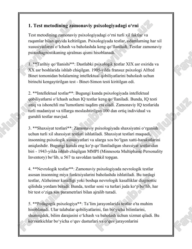 etadi. yuqorida keltirilgan faktlar va raqamlar psixologik testlarning zamonaviy psixologiyadagi o‘rni va ahamiyatini ochib beradi. ular insonning turli xususiyatlarini o‘rganishda muhim vositalar sifatida xizmat qiladi. 2. psixologik testlar turlari va ularning qo‘llanilishi psixologik testlar shaxsning psixologik holati, qobiliyatlari va shaxsiyat xususiyatlarini aniqlashga yordam beradigan vositalardir. bugungi kunda psixologik testlar turli maqsadlarda qo‘llaniladi va ularning ko‘plab turlari mavjud. ushbu testlar asosan qobiliyatlar, shaxsiyat xususiyatlari va psixologik holatlarni baholashga qaratilgan. quyida psixologik testlar turlari va ularning qo‘llanilishi haqida batafsil ma’lumot keltiriladi. 1. **intellekt testlari:** bu testlar insonning aqliy qobiliyatlarini baholashga mo‘ljallangan. mashhur intellekt testlari orasida veksler testi, stenford-binet testi, va ravenning matritsalar testi kabi testlar bor. ushbu testlar odatda iq darajasini aniqlashda va ilmiy tadqiqotlarda qo‘llaniladi. 2. **shaxsiyat testlari:** shaxsiyat xususiyatlarini o‘rganish uchun ishlatiladi. masalan, mmpi (minnesota multiphasic personality inventory), myers-briggs type indicator (mbti) va big five personality traits testi shaxsiyatning turli jihatlarini baholash uchun ishlatiladi. ushbu testlar kadrlar tanlovi, terapevtik jarayonlar …