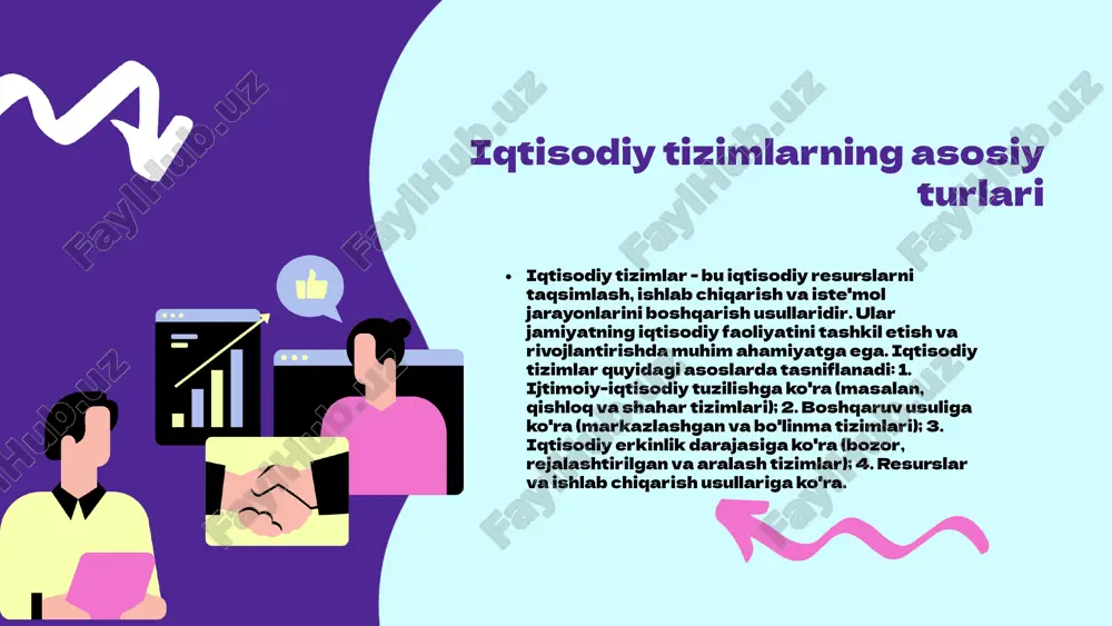 hashliklar mavjud. bozor tizimining afzalliklari tezkor javob berish: bozor tizimi talab va taklifga asoslangan tezkor o'zgarishlarga ega. bu, iste'molchilarning ehtiyojlariga tezda javob berish imkonini beradi va bozor sharoitlariga moslashishni osonlashtiradi. innovatsiyalar: raqobat bozor tizimida muhim rol o'ynaydi, chunki kompaniyalar o'z mahsulot va xizmatlarini yaxshilashga harakat qilishadi. bu esa yangi g'oyalar va texnologiyalarni rivojlantirishga olib keladi. resurslarni samarali taqsimlash: bozor tizimi resurslarni iste'molchilarning ehtiyojlariga asoslangan holda taqsimlaydi, bu iqtisodiy samaradorlikni oshirishga yordam beradi. rejalashtirilgan tizimning afzalliklari rejalashtirilgan iqtisodiy tizim davlat tomonidan ijtimoiy barqarorlikni ta'minlaydi. ijtimoiy ta'minot va yordamlar orqali fuqarolarni himoya qilish maqsadida davlat ko'p jihatlarni rejalashtiradi. davlat resurslar taqsimotini rejalashtiradi, bu esa strategik yo'nalishlar belgilash imkonini beradi. iqtisodiy rivojlanish davlatning belgilangan iqtisodiy maqsadlari va rejalari asosida amalga oshiriladi, bu esa iqtisodiy o'sishni ta'minlaydi. bozor va rejalashtirilgan tizimlar farqlari boshqaruv bozor tizimida xususiy sektor iqtisodiy faoliyatni boshqaradi, ya'ni ishlab chiqarish va taqsimot jarayonlari xususiy mulk egalari tomonidan amalga oshiriladi. rejalashtirilgan tizimda …