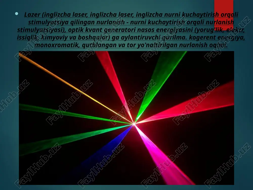 tlarning lazer diapazoni astronomik konstanta qiymatini aniqladi va kosmik navigatsiya tizimlarini takomillashtirishga hissa qo'shdi, atmosferaning tuzilishi va quyosh tizimi sayyoralari yuzasi haqidagi tushunchani kengaytirdi. atmosfera buzilishlarini tuzatish uchun moslashtirilgan optik tizim bilan jihozlangan astronomik teleskoplarda atmosferaning yuqori qismida sun'iy mos yozuvlar yulduzlarini yaratish uchun lazer ishlatiladi. ultrashort lazer impulslari lazer kimyosida kimyoviy reaktsiyalarni boshqarish va tahlil qilish uchun ishlatiladi. bu erda lazer nurlanishi aniq lokalizatsiya, dozalash, mutlaq sterillik va tizimga energiya kiritishning yuqori tezligini ta'minlash imkonini beradi. hozirgi vaqtda turli xil lazerli sovutish tizimlari ishlab chiqilmoqda va lazerlar yordamida boshqariladigan termoyadro termoyadroviy sintezini amalga oshirish imkoniyatlari ko'rib chiqilmoqda (termoyadroviy reaktsiyalar sohasidagi tadqiqotlar uchun eng mos lazer ko'rinadigan qismning ko'k qismida joylashgan to'lqin uzunliklaridan foydalanadigan lazer bo'ladi. spektr). lazerlar, shuningdek, harbiy maqsadlarda, masalan, yo'l-yo'riq va mo'ljalga olish vositasi sifatida ishlatiladi. yuqori quvvatli lazerlar asosida havo, dengiz va quruqlikdagi tizimlarni himoya qilishning jangovar tizimlarini yaratish variantlari ko'rib chiqilmoqda. tibbiyotda lazerlar qonsiz skalpel …