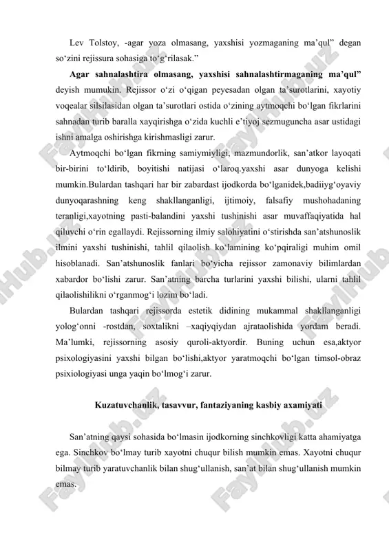 si unga yaqin bo‘lmog‘i zarur. kuzatuvchanlik, tasavvur, fantaziyaning kasbiy axamiyati san’atning qaysi sohasida bo‘lmasin ijodkorning sinchkovligi katta ahamiyatga ega. sinchkov bo‘lmay turib xayotni chuqur bilish mumkin emas. xayotni chuqur bilmay turib yaratuvchanlik bilan shug‘ullanish, san’at bilan shug‘ullanish mumkin emas. “shunday inesonlar borkim,-deb yozgan edi k.s.stanislavskiy-bundaylar tabiatdan o‘ta sezgir va sinchikov bo‘ladilar.ular beixtiyor tarzda kuzatuvchan bo‘lib,atrofida ro‘y berayotgan xodisa va voqelarani sezadilar ko‘radilar xotiralarida umrbod saqlayoladilar .ustiga-ustak ko‘rgan va sezgan.kuzatganlari orasidan qiziqroq, muhimroq, go‘zal va tipik xususiyatga ega bo‘lganlarini saralab oladilar.bunday insonlar bilan suhbatlashganingda, ko‘pchilik odamlarning e’tiboridan chetda qolgan voqea va xodisalarni,sezmasdan ko‘rmasdan o‘tqazib yuborganliklarini guvohi bo‘lamiz.” sezgirlik va kuzatuvchanlikning bir necha qirrasi bor. u yoki bu san’at turi to‘g‘risida fikr yuritsak, kuzatuvchanlikning o‘sha sohaga ta’luqli qirrasini ko‘ramiz. faqat ayrim murakkab san’at turlarigina kuzatuvchanlik va sezgirlikning barcha qirralari ishtirokini talab qilar ekan. shunga qaramay baribir kuzatuvchanlik va sezgirlikning alohida bir qirrasi ustivor bo‘lishligini talab qilar ekan. misol uchun tasviriy san’atda rassomdan …