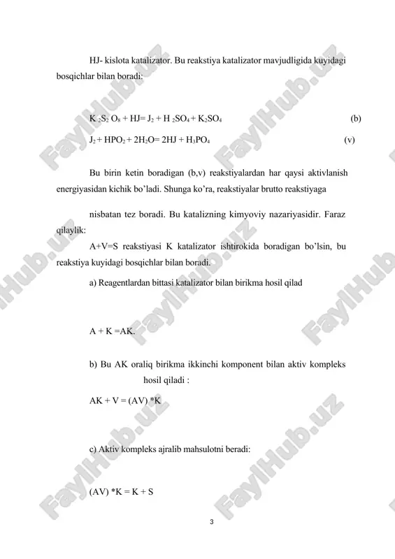 natijasida vodorod ionlari ham kamayib, pirovardida katalitik aktivlik kamayishi kerak edi. bu hodisa ikkilamchi tuz effekti deyiladi. kislotaga shu kislota tuzi ko’shilganda anion ko’p ayadi, demak kislota anioni ham katalizatordir. reakstion aralashmaga kislota bilan bir katorda boshqa kislotalar tuzi kushilganda ham katalitik effekt ortadi. bu hodisa birlamchi tuz effekti deyiladi. bu hodisaga sabab tuz qo’shilganda eritmaning ion kuchi ortadi. h3 o+ ning termodinamik aktivligi ortadi, aktiv massalar konuniga binoan tezlik oshadi. foydalanilgan adabiyotlar ro’yxati 1. “neft va gazni qayta ishlashda katalitik jarayonlar” ma’ruza matni. safarov b.j. buxoro 2012 y. 2. h.r.rustamov, sh.p.nurullayev. “fizikaviy kimyo”. toshkent 2011 y. 376 bet. 3. кравцов а.в., ивашкина е.н., юрьев е.м теоретические основы каталитических процессов переработки нефти и газа: учебное пособие. – томск: изд-во тпу, 2009. – 146 с. internet saytlari 1. www.rwe.com 1. www.oil.com 1. www.oil-gas.at 1. www.cac-chem.de 1. www.flottweg.com 7