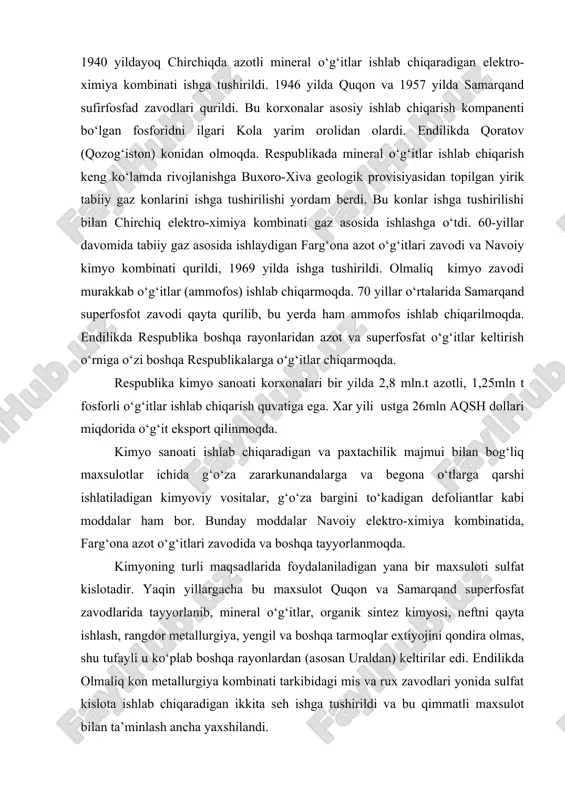 qda. kimyoning turli maqsadlarida foydalaniladigan yana bir maxsuloti sulfat kislotadir. yaqin yillargacha bu maxsulot quqon va samarqand superfosfat zavodlarida tayyorlanib, mineral o‘g‘itlar, organik sintez kimyosi, neftni qayta ishlash, rangdor metallurgiya, yengil va boshqa tarmoqlar extiyojini qondira olmas, shu tufayli u ko‘plab boshqa rayonlardan (asosan uraldan) keltirilar edi. endilikda olmaliq kon metallurgiya kombinati tarkibidagi mis va rux zavodlari yonida sulfat kislota ishlab chiqaradigan ikkita seh ishga tushirildi va bu qimmatli maxsulot bilan ta’minlash ancha yaxshilandi. respublika kime sanoatining kenja tarmoqlaridan biri bo‘lgan-organik sintez kimyosi tez rivojlanmoqda. uning taraqqiyoti ham gaz sanoati bilan bog‘liqdir. hozirgi vaqtda bu sohaning eng yirik korxonasi navoiy kime kombinati hisoblanadi. uning tarkibidan asetilen, sirka kislotasi, asetil-sellyuloza, neytron tola ishlab chiqaradigan maxsus quvvatlar yaratilgan. farg‘ona asetat ipak ishlab chiqaruvchi zavod ishlab turibdi. namangan kime zavodida viskos ipak ishlab chiqarilmoqda. bu sun’iy tolalar turli xil gazlamalar, gilam, trikotaj ishlab chiqarishda keng foydalaniladi. kimyoviy tolalar ishlab chiqarish o‘zbekiston kimyo sanoatining …