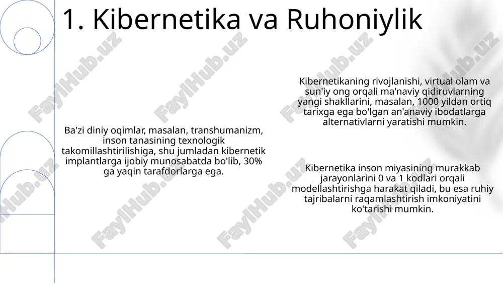 дқиқотларнинг 70% дан ортиғи трансгуманизм ва постгуманизм ғояларига эътибор қаратган. 7. axloq va etika masalalari kibernetika va dinning integratsiyasi natijasida 2040-yilga kelib inson tanasining 30% gacha sun'iy a'zolar bilan almashtirilishi va bu jarayonning diniy qarashlarga ta'sirini o'rganish muhim ahamiyat kasb etadi. sun'iy intellektning rivojlanishi bilan bog'liq axloqiy muammolarni hal qilishda diniy e'tiqodlarning roli va 5 ta asosiy dinning fikrlariga asoslangan yangi axloqiy ko'rsatmalarni ishlab chiqish istiqbollari. bioetika va kibernetika sohasidagi yangi texnologiyalarni qo'llash orqali inson umrini 10 yilga uzaytirish imkoniyati va bu jarayonning diniy qarashlarga ta'siri, qayta tiklanish va o'lim tushunchalariga ta'sirini o'rganish. 8. kelajakdagi perspektivalar kibernetika tizimlarni 1 dan ortiq elementlarning o’zaro ta’siri va ularning atrof-muhit bilan aloqasi orqali o’rganadi, bu yerda 3 ta asosiy komponent - kirish, qayta ishlash va chiqish mavjud. kibernetika, feedback loop yoki teskari aloqa tizimi orqali o'z-o'zini boshqarish mexanizmlarini, masalan, 5% xatolik chegarasi bilan aniq natijalarga erishish uchun, tahlil qiladi. kibernetik tizimlarning murakkabligi, ularni …