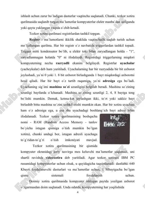 da uning barcha asosiy qurilmalarining sozligini tekshiruvchi dasturlar, diskyurituvchi, monitor, klaviatura qurilmalarining ishini boshqaruvchi dasturlar, operatsion sistema diskning qaysi joyida joylashganligi haqidagi axborotlar joylashgan bo`ladi. protsessor - kompyuterning asosiy qurilmasi. protsessor arifmetik va mantiqiy amallar bajaradi, xotira bilan bog`lanadi va barcha mahalliy qurilmalarning ishini boshqaradi. protsessorning asosiy ishi tezkor xotira qurilmasida joylashgan dasturdan navbatdagi buyruqni o`qish va bajarish, natijani yozib qo`yish hamda keyingi bajariladigan buyruqni aniqlashdan iborat takrorlanuvchi jarayon. dastur - kompyuter bajarishi lozim bo`lgan buyruq va ko`rsatmalarining izchil ketma-ketligi. bundan tashqari protsessor dastur mazmunidagi boshqarishni amalga oshirish, ma`lumotlarni zarur joydan o`qish, lozim joyga yozish, kerak joyga uzatish boshqa qurilmalarning izlanishini muvofiqlashtirish vazifasini ham bajaradi. demak, protsessor berilgan dastur va zarur malumotlar asosida odam aralashuvisiz kompyuterning avtomatik ishlashini ta`minlovchi qurilma ekan. zamonaviy kompyuterlarda protsessor vazifasini mikroprotsessor, ya`ni o`ta katta integral sxemalar bajarmoqda, u 10 mm kvadratdan ham kichik yuzada joylashgan yagona yarim o`tkazgichli kristalda (kremniy yoki germaniy) joylashgan millionlab mitti …