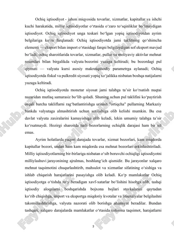 lotning ma’lum bir qismi chet elga eksport qilinadi. bunda ishlab chiqarilgan mahsulotlarga, xarajatlarga to’rtinchi unsur sifatida mamlakatda ishlab chiqarilgan tovarlar va xizmatlarning eksporti (chet elliklarning mamlakatimizda ishlab chiqarilgan tovarlar va xizmatlarni sotib olishga qilgan xarajatlari) ham kiritiladi. kichik ochiq iqtisodiyot va katta ochiq iqtisodiyot o’zaro farqlanadi. kichik ochiq iqtisodiyot katta bo’lmagan mamlakat iqtisodiyotidir. kichik ochiq iqtisodiyot modeli kapital harakati schyoti va joriy operatsiyalar schyotini o’z ichiga oladi. bunday iqtisodiyot jahon bozorida katta ulushga ega emas va jahon foiz stavkasiga amalda ta’sir ko’rsata olmaydi. kichik ochiq iqtisodiyot jamg’armalari va investitsiyalari-jahon jamg’armalari va investitsiyalarining juda kichik miqdorini tashkil etganligi sababli jahon moliyaviy bozorlaridagi shart- sharoitlarga ko’ra belgilangan jahon foiz stavkasi bu iqtisodiyotda belgilab berilgan (ekzogen) ko’rsatkich sifatida qabul qilinadi. katta ochiq iqtisodiyot ko’lami yirikligi sababli foiz stavkasi mamlakatning ichida ro’y berayotgan jarayonlarning jiddiy ta’sirida shakllanadigan iqtisodiyotdir. katta ochiq iqtisodiyot jahon jamg’armalari va investitsiyalarining katta qismiga egalik qilayotan yirik mamlakat (aqsh, xxr, germaniya, …