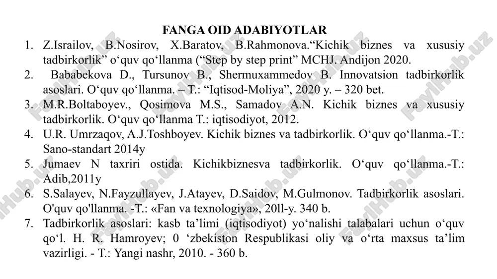 axlitligi deb ta'riflagan edi. tadbirkor olgan daromad uning mehnati, ishlab chiqarishni tashkil etganligi, mahsulotni o'z vaqtida sotganligi uchun berilgan mukofotdir. tadbirkor tavakkal qilib, biror-bir mahsulotni ishlab chiqarishni o'z bo'yniga oladi. amerikalik iqtisodchi j.b. klark fikricha, ishlab chiqarishda doim to'rt omil ishtirok etadi kapital ishlab chiqarish vositalari va yer ishchining mehnati tadbirkorlik faoliyati bozor munosabatlari sharoitida iqtisodiyotni rivojlantirishning asosiy omillaridan biri tadbirkorlik faoliyatini rivojlantirishdir. shu sababli, «tadbirkor», «tadbirkorlik» tushunchalari qanday mazmunga ega va nimani anglatadi? tadbirkor-bu dadil, muhim va murakkab maqsadlarni ro’yobga chiqarishga jazm etib, yangi g’oyalarni amalga oshirish bilan bog’liq, butun mas`uliyatni o’z zimmasiga olib tavakkal ish yurituvchi shaxsdir. tadbirkorlik- bu mulkchilik sub’ektlarini foyda olish maqsadida tavakkal qilib va mulkiy javobgarlik asosida amaldagi qonunlar doirasida tashabbus bilan iqtisodiy faoliyat ko’rsatishidir. 2. tadbirkorlikning tushunchasi, asosiy tamoyillari tadbirkorlik tushunchasining mazmuni uning to’rtta o’zaro bog‘liq vazifasini aniqlash bilan ochiladi. 1 tadbirkor o’ziga tovar ishlab chiqarishning yagona jarayonida, kapital va mehnat resurslarini birlashti-rish tashabbusini …