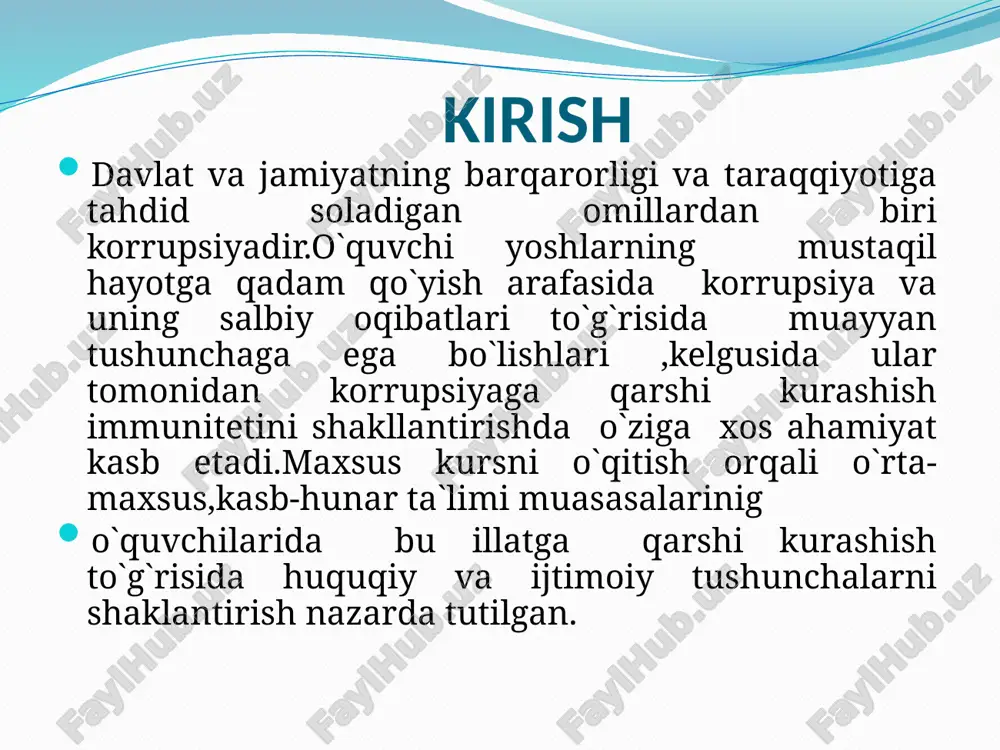 2 1 1 1 4 korrupsiyaviy xuquqbuzarlik va jinoyatlar uchun javobgarlik 3 2 2 1 5 jami 8 6 4 2 2 1-mavzu:korrupsiya tushunchasi, kelib chiqish sabablari va ijtimoiy xa vfliligi va unga qarshi kurashishning ijtimoiy -huquqiy asoslari korrupsiya tushunchasi mohiyatini yoritish ; o`zbekiston respublikasi prezidenti i.a.karimov asarlarida yoritilgan, korrupsiyaga qarshi kurashish masalalarini mazmun mohiyatini ochib berish korrupsiyaning kelib chiqishi va ijtimoiy xavfliligi haqida bilimlarni berish korrupsiyaga qarshi kurashishning asoslari to`g`risidagi ma`lumotlarni o`quvchilarga yetkazish 2-mavzu:o`zbekiston respublikasida korrupsiyaga qarshi kurashni amalga oshiradigan organlar va ularning vazifalari mamlakatimizda korrupsiyaga qarshi kurashni amalga oshiradigan ,davlatni mazkur sohadagi siyosatini olib boradigan maxsus davlat organlari to`g`risida . mamlakatimizda barcha sohalarida ushbu illatga qarshi kurashni takomillashtirishda, mansabdor shaxslarning suiste`moliklariga barham berishda prokuratura organlarining o`rni va ahamyati adliya vazirligining korrupsiyaga qarshi kurash va uning oldini olish bo`yicha faoliyati yo`nalishlari 3-mavzu:o`zbekiston respublikasining korrupsiyaga qarshi kurashni tartibga soluvchi normativ-huquqiy hujjatlari davlat boshqaruv sohasida korrupsiyani oldini olishga va unga qarshi …