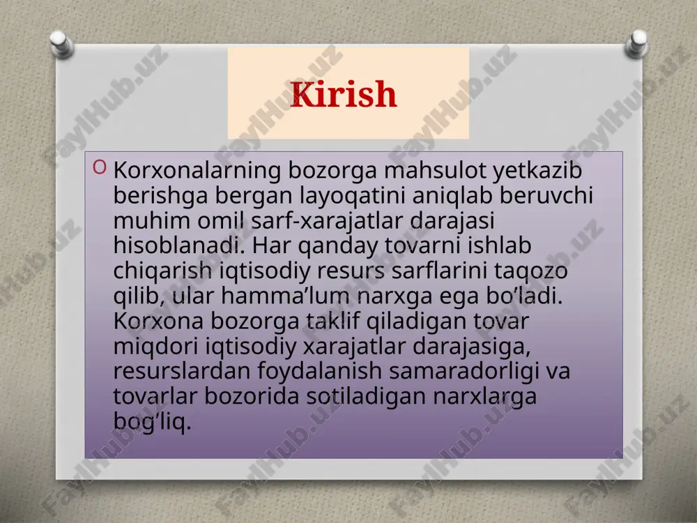 imlarining ixtisoslashuvi kapitaldan samarali foydalanish qo’shimcha turdagi mahsulotlarning ishlab chiqarilishi korxonalarda tovar va xizmatlarni sotishdan olingan mablag’lar hamda ularning pul tushumlari yoki pul daromadlari deyiladi. korxona pul daromadlaridan sarflangan barcha xarajatlar chiqarib tashlangandan keyin qolgan qismi foyda yoki iqtisodiy foyda deb yuritiladi foydaning tarkib topishi ikki bosqichdan o’tadi. birinchi bosqich ikkinchi bosqich ishlab chiqarish jarayonida yaratilgan foyda tovarlarni sotgandan so’ng olingan pul daromadi bilan xarajatlarning farqi ko’rinishda to’liq namoyon bo’ladi. foyda ishlab chiqarish jarayonida yalpi qiymatning yaratilish chog’ida vujudga keladi. yangidan yaratilgan qiymat tarkibidagi qo’shimcha qiymat foydaning asosiy manbai hisoblanadi, biroq u hali aniq foyda shaklida namoyon bo’lmaydi. tovar va xizmatlar sotilganda ularning umumiy qiymati pul daromadlariga, undagi qo’shimcha qiymati esa foydaga aylanadi. bundan ko’rinib turibdiki, foydaning haqiqiy manbai qo’shimcha mahsulot yoki qo’shimcha qiymatdir. fich = hy –t ishlab chiqaruvchi foydasi (fich) – bu maxsulot tannarxi (t) va ulgurji narxi (hy) o’rtasidagi farqdan iborat. mahsulot birligidan olinadigan foyda ikkita asosiy …