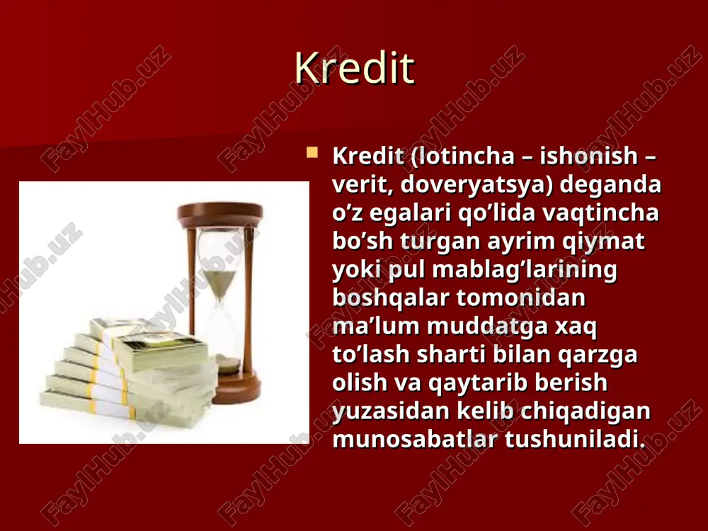 iradi. davlat xazina majburiyatlarini chiqarish, moliya bozorlarida davlat qimmatli qog’ozlarini joylashtirish, davlat zayomlarini chiqarish va sotish yo’li bilan banklarning, aholining va boshqa moliya-kredit institutlarining pul mablag’larini yig’adi va ularni davlat qarzi va byudjet kamomadini qoplashga sarflaydi. davlat o’z qarzidan voz kechishi ham mumkin. bundan tashqari davlatni ichki va tashqi qarzlari, davlat kafil va kreditor sifatida ham bo’lishi mumkin. iste’mol krediti iste’mol kreditining xususiyati u jismoniy shaxslarga beriladi. kreditning bu shaklida kredit beruvchi sifatida maxsus kredit muassasalari bilan birga savdo va xizmatlarni sotishni amalga oshiradigan jismoniy shaxslar ham bo’lishi mumkin. iste’mol krediti ikki shaklda: pul shaklida va tovar shaklida berilishi mumkin. jismoniy shaxslarga bunday kreditlar ko’chmas mulkka egalik qilish uchun, har xil tovar va xizmatlar, uy jixozlarini sotib olish va boshqa ehtiyojlarni qondirish uchun beriladi. tijorat krediti iqtisodiyotda kredit munosabatlarining vujudga kelishining dastlabki shakllaridan hisoblanadi. tijorat kreditining obyekti bo’lib sotiladigan tovarlar, subyekti bo’lib mol yetkazib beruvchi va mol sotib oluvchi korxonalar …