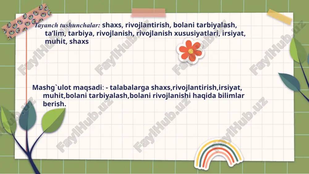 shlarning vazifalari, mazmuni, vositalari o‘zgaradi. bolalarning maktabgacha yoshning oxiriga borib erishgan rivojlanish darajasi ular bilan olib boriladigan ta’lim-tarbiya ishini murakkablashtirish imkonini beradi. ijtimoiytarixiy tajribani o‘zlashtirish faol ish jarayonini beradi. faollik bolaga xos xususiyatdir. tarbiya jarayonida- faollik asosida faoliyatning har xil turlari shakllanadi. “uch og‘ayni botirlar” ertagi faoliyat turlar buyumlar bilan bo‘ladigan faoliyat o‘quv faoliyati oddiy mehnat faoliyati munosabatda bo‘lish faoliyati bilish faoliyati o‘yin faoliyat “ 2. shaxsning rivojlanishiga ta’sir etuvchi omillar shaxsni shakllantirish tarbiya jarayonida ro‘y beradi, inson tarbiyasi uning xalq baxt-saodati yo‘lidagi bunyodkorlik mehnatida, ijtimoiy hayotda, sotsial-iqtisodiy vazifalarini hal etishda namoyon bo‘ladi. maktabgacha ta’lim-tarbiyani tashkil etishga yetakchi omil deb qaraydi, chunki bu to‘plangan ijtimoiy tajribani yetkazish uchun yosh avlodga ta’sir ko‘rsatishning maxsus uyushtirilgan sistemasidir. u oilada, bolalar bog‘chasida, maktabda, mehnat jamoalarida amalga oshirilib, turmushni, faoliyatni, muomalani tashkil etishga qaratilgandir. shaxsni shakllantiruvchi omillar irsiyat nishonalari tarbiya ijtimoiy muhit . shaxsni shakllantirishga muhit (ijtimoiy va tabiiy muhit) katta ta’sir ko‘rsatadi. ijtimoiy …