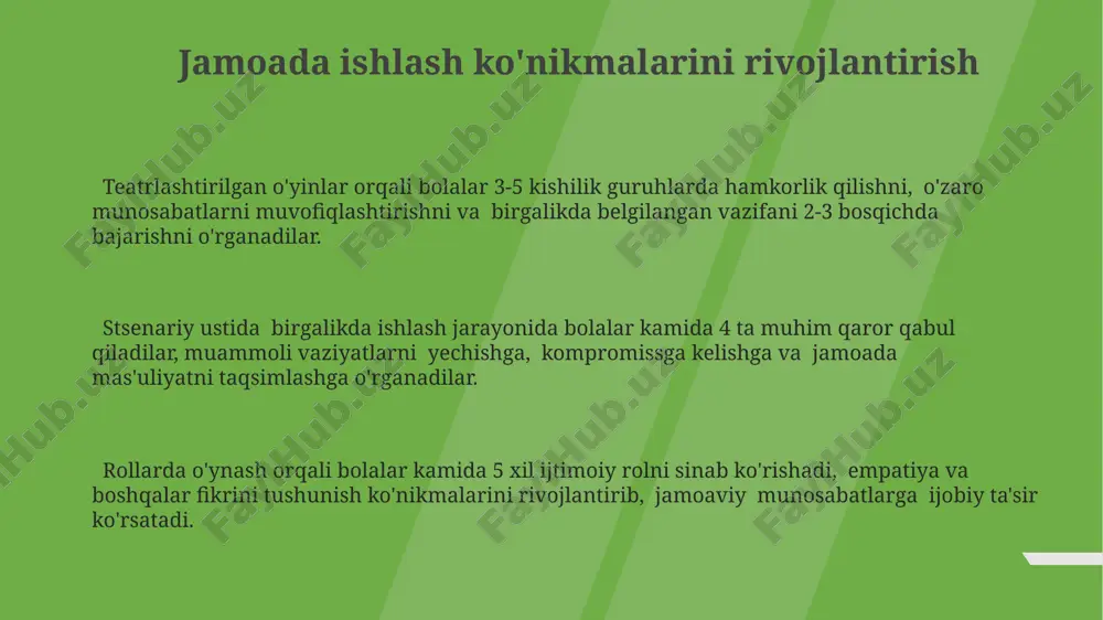 i. rol ijro etish orqali bolalar nutq, mimika va jestlarni o'zlashtirib, ijodiy ifoda vositalarini boyitadi, bu esa 10-15% ga so'z boyligini oshiradi. teatrlashtirilgan o'yinlarning turlari teatrlashtirilgan o'yinlarning 2-3 yoshli bolalar uchun sodda dramatizasiyasi, masalan, 2-5ta personajli ertaklarni sahnalashtirish orqali, nutq va harakatlarni muvofiqlashtirish ko'nikmalarini rivojlantiradi. rolllarni taqsimlash orqali 4-5 yoshli bolalarga 5-7ta sahnadan iborat murakkab spektakllarni o'rgatish, ijtimoiy rollarni o'zlashtirish va jamoaviy ishlashni o'rgatadi. o'yinlarning turli turlari, masalan, qo'g'irchoq teatri (2-7ta qo'g'irchoq), pantomimika va improvizatsiya, bolalarning ijodiy qobiliyatlarini rivojlantirishga xizmat qiladi. bolaning ijtimoiy-emotsional rivojlanishi teatrlashtirilgan faoliyat bolalarning empatiya qobiliyatini rivojlantiradi, ular boshqa odamlarning his-tuygʻularini tushunishni va ularga hamdard boʻlishni oʻrganadilar, bu esa 5-6 yoshdagi bolalar oʻrtasidagi ijtimoiy moslashuvchanlikni yaxshilaydi. rollarda oʻynash orqali bolalar turli xil ijtimoiy rollarni sinab koʻrishadi, oʻziga boʻlgan ishonchini oshiradilar va muloqot koʻnikmalarini rivojlantiradilar, bu esa 7-8 yoshli bolalarning oʻzaro munosabatlarida muvaffaqiyatga erishish ehtimolini oshiradi. bolalar teatrlashtirilgan oʻyinlarda oʻzlarini 2-3 yoshdan boshlab ifoda etish, his-tuygʻularini boshqarish va …