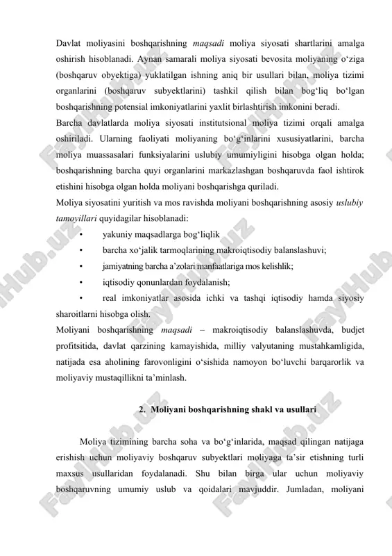 , chunki aynan rejalashtirish jarayonida har qanday xo‘jalik yurituvchi subyekt har tomonlama o‘zining moliyaviy holatini baholaydi, moliyaviy resurslarni oshirish imkoniyatlarini, ulardan eng samarali foydalanish yo‘nalishlarini aniqlaydi. rejalashtirish jarayonida boshqarish qarorlari moliyaviy ma’lumotlar tahlili asosida qabul qilinadi. shuning uchun bunday ma’lumotlar yetarlicha to‘la va haqqoniy bo‘lmog‘i lozim. ma’lumotlarni haqqoniy va o‘z vaqtida olinishi asoslangan qarorlar qabul qilinishini ta’minlaydi. moliyaviy ma’lumotlar buxgalteriya, statistik va tezkor (operativ) hisobotlarga asoslanadi. tezkor (operativ) boshqarish bu – mavjud moliyaviy holatni tezkor (operativ) tahlil qilish asosida moliyaviy resurslarni qayta taqsimlash yordamida minimal xarajat qilib maksimal samaraga erishishga qaratilgan chora-tadbirlar yig‘indisidir. tezkor (operativ) boshqarish egiluvchanlik xususiyatiga egadir. nazorat - boshqaruv elementi sifatida bir vaqtning o‘zida moliyani rejalashtirishda hamda tezkor (operativ) boshqarishda qo‘llaniladi. nazorat haqiqiy natija bilan rejadagi ko‘rsatkichlarni taqqoslashga yordam beradi, moliyaviy resurslarni o‘sish rezervlarini aniqlaydi va samarali xo‘jalik yuritish yo‘llarini ko‘rsatib beradi. moliyani boshqarish strategik yoki umumiy boshqaruv va tezkor (operativ) boshqaruvlarga bo‘linadi. strategik boshqaruv istiqbolni belgilash, …