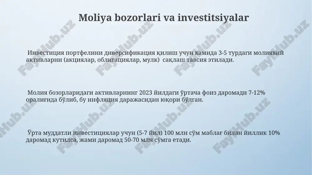 millarni tahlil qilishni o'z ichiga oladi. davlat moliyasi va byudjet ўзбекистон республикасининг давлат бюджети даромадлар ва харажатларнинг мувозанатига эришишга ҳаракат қилади, 2024 йил учун прогноз кўрсаткичларига эга. солиқ тушумлари давлат молиясининг асосий манбаи ҳисобланади ва яимнинг 25-30% ни ташкил этади, бюджетнинг мустаҳкамлигига таъсир кўрсатади. давлат молияси мамлакатнинг иқтисодий фаолиятининг 50% дан ортиқ қисмини қамраб олади ва жамиятнинг ижтимоий-иқтисодий ривожланишида муҳим роль ўйнайди. moliyaning iqtisodiyotdagi roli inflatsiya darajasi va valyuta kursi kabi makroiqtisodiy ko'rsatkichlar moliya siyosatining ta'siri ostida bo'lib, ularning 2-3% oralig'ida ushlab turilishi iqtisodiy barqarorlikni kafolatlaydi. moliyaning iqtisodiyotdagi asosiy funksiyalaridan biri – resurslarni samarali taqsimlash boʻlib, bu yalpi ichki mahsulotning (yaim) oʻsishiga 15-20% gacha hissa qoʻshishi mumkin. moliyaviy bozorlarning faoliyati, ya'ni kreditlash va investitsiyalar hajmi, milliy iqtisodiyotning barqaror rivojlanishiga sezilarli darajada ta'sir ko'rsatib, o'rtacha 5-7% daromad o'sishini ta'minlaydi. buxgalteriya hisobi va moliyaviy hisobot kichik va o'rta biznes korxonalari uchun soddalashtirilgan moliyaviy hisobot tizimlari mavjud bo'lib, ular kamida 5 ta asosiy …