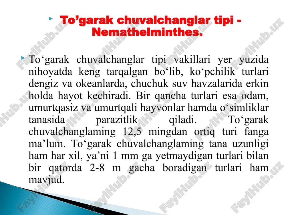irib chiqaradi. singamoz bilan asosan jo‘jalar kasallanadi. linsiy voyaga yetgan erkak va urg‘ochi singamuslar hamma vaqt bir-biriga birikkan holda yashaydi. erkaklari urg‘ochilaridan birmuncha kichik, og‘iz kapsulasi yarim sharsimon xitinlashgan boiib, juda yaxshi rivojlangan. erkaklarining uzunligi 2-6 mm, urg‘ochilariniki esa 5-20 mm boiib, jinsiy teshigi tanasining oldingi qismida joylashgan. urg‘ochisining uzunligi1,4 mm, erkaginiki 1,3 mm atrofida bo’ladi. ichida nematodasi bo’lgan kartoshkaning poyasi soglariga nisbatan yo‘g‘on, barglari kichkina va och rangli bo’ladi. sog‘ kartoshkaga qaraganda kasallanganining tuplari 1,5-2 marta kichik bo‘ladi. nematoda kartoshka hosil bo‘la boshlashi oldidan poyadan kartoshka ichiga o'tadi. poya va kartoshka ichida parazit juda tez ko‘payadi va bir necha marta nasl beradi. so‘ngra kartoshka qurigunga qadar tuproqqa chiqib ketadi. bu nematoda bilan 40-60 % ga yaqin kartoshka zararlanadi. bir yilda 1-2 marta nasl beradi. o‘simlik nematodalari ichida eng yirigi hisoblanadi. erkagining uzunligi 2,5 mm, urg‘ochisiniki esa 5 mm atrofida bo’ladi. bu nematoda bug‘doy va boshqa boshoqli ekinlarga zarar yetkazadi. …