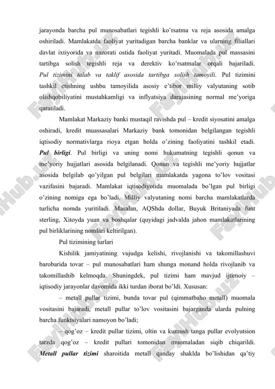 tall pullar tizimi sharoitida metall qanday shaklda bo’lishidan qa’tiy nazar, to’lov vositasi sifatida qabul qilindi. metall pullar tizimi ikkiga bo’linib, birinchisi, bimetallizm, ikkinchisi, monometallizm sifatida guruhlanadi. bimetallizm– bu pul tizimida davlat qonuniy jihatdan to’lov vositasi ikkita metallni (odatda oltin va kumush) chegaralanmagan miqdorda erkin zarb qilishga ruxsat beradi. o’z navbatida bimetllizm tizimi uchta shaklda amal qildi: – birinchidan, parallel valyuta tizimi, ushbu metall pullar o’rtasidagi munosabat ularning bozor bahosidan kelib chiqqan holda stixiyali ravishda o’rnatildi; – ikkinchidan, ikkiyoqlamali valyuta tizimi, metall pullar o’rtasidagi munosabat davlat tomonidan belgilandi va shuning asosida oltin va kumush tangalar zarb qilindi; – uchinchidan, «oqsoq» valyuta tizimi – ushbu tizimda oltin va kumush tangalar qonuniy to’lov vositasi sifatida xizmat qildi, lekin kumush tangalar yopiq holda, oltin tangalar esa erkin zarb etildi. «oqsoq» valyuta tizimi deyilishiga sabab kumush tangalar ushbu davrda to’laqonli valyuta sifatida umum ekvivalent rolini amalga oshirmaydi. muomalada ikkita metall pulning vazifasini bajargan paytda ular …