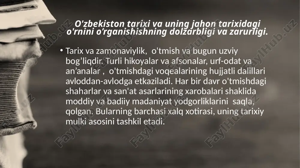 жиҳатдан ўтиш даври назариясига мувофиқ, деган хулосага келган. 12 o‘zbekiston tarixini o‘quv fani sifatida o‘rganish tarixiy jarayonlarni chuqur tahlil qilish, ularning qonuniyatlari, sabab va oqibatlarini bilish orqali yosh avlodning ilmiy dunyoqarashini shakllantirish va uning intellektual saviyasini yuksaltirish imkonini beradi. xalqning milliy o‘z-o‘zini ongini shakllantirishda boshqa hech bir fan tarix kabi katta ahamiyatga ega emas. boshqacha aytganda, xalq ma’naviyatini, o‘z millati bilan faxrlanish tuyg‘usini shakllantirish va yuksaltirishda tarix bebaho ahamiyatga ega bo‘ladi. hech bir ijtimoiy-siyosiy intizom yoshlar tarbiyasida tarix kabi katta ahamiyatga ega emas. o'zbekiston tarixini numa uchun bilishingiz kerak? birinchidan, uchinchidan ikkinchidan, 13 shunday qilib, tarixni o'rganish biz yashayotgan dunyoni yaxshiroq tushunishga imkon beradi. tarixiy voqealar va tendentsiyalarni bilish va tushunishning to'planishi, ayniqsa o'tgan asrda, hozirgi voqealarni bugungi kunda ancha yaxshi baholash imkonini beradi. agar insoniyat tarixni bilmasa, o‘zlaridan oldin qilingan xatolarni takrorlab, aylana bo‘ylab aylanib yurardi. bu tsivilizatsiyalar rivojlanishini sekinlashtiradi, biz tosh asrida o'tirardik, g'orlarda yashar, mamontlarni ovlab omon …