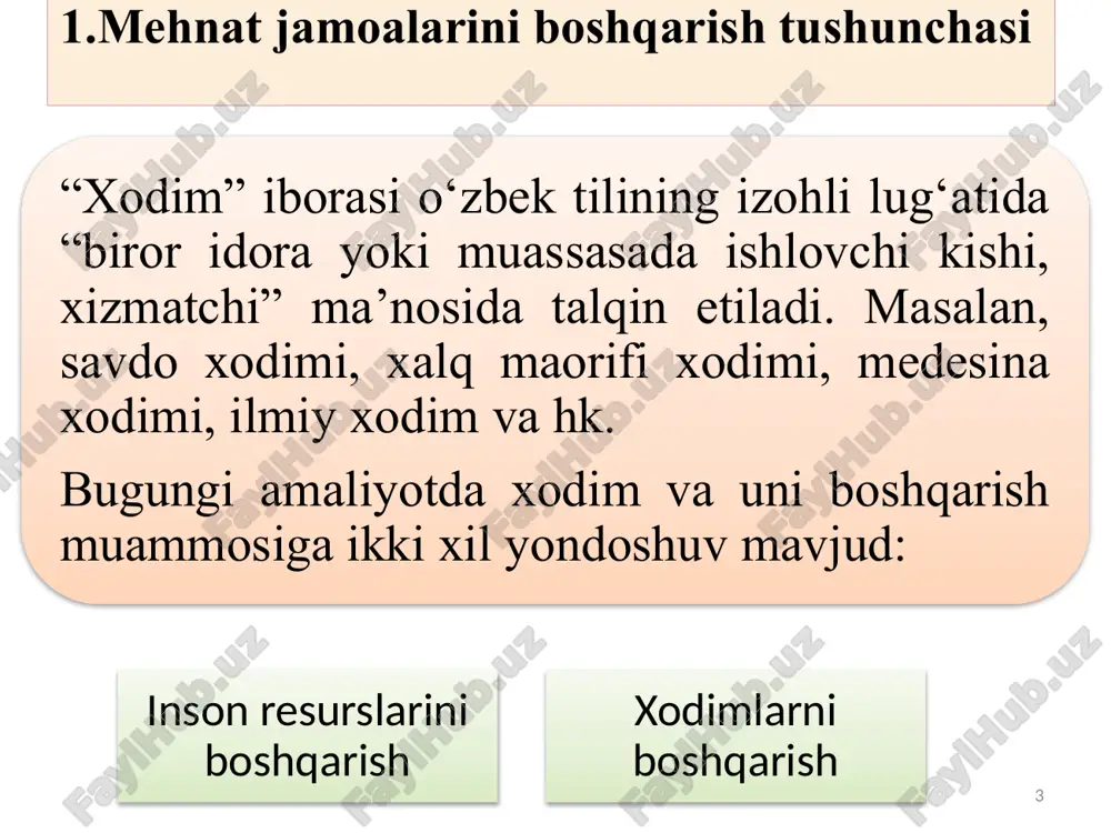 zim. 24 da’vogarga berilgan baholar va tavsiyalarni tahlil qilganda, shuningdek muzokaralar olib borilganda: uning topshirilayotgan ishni bajara olishiga; zarur bo‘lib qolganda kasbiy ma’lumotini oshira bilishiga; texnikaga nisbatan e’tiboriga; fe’l-atvoriga; halolligi, mulohazaliligi, turmushda hozir-nozirligi va to‘g‘riligiga; tashabbuskorligi, hayotga talabchanligiga; ishga hamda ish kuning davomiyligiga; og‘ir sharoitda o‘zini tutishiga; salomatligi, tashqi ko‘rinishi, vaqtni taqsimlay bilishiga; hunari va bo‘sh vaqtlardagi mashg‘ulotlariga diqqat qilish lozim. 25 bulardan tashqari shuni unutmaslik kerakki, ishga qabul qilinayotgan nomzod topshiriladigan ishni bajarishga yaroqligina bo‘lib qolmay, balki korxonaning boshqa xodimlar bilan chiqishib ketadigan ham bo‘lish kerak. agar u shu keyingi talabga muvofiq kelmasa, odatda yaxshi mutaxassisning ham bahridan o‘tish kerak. ishga qabul qilingan odam o‘z hamkasblariga qo‘shilib ketganda o‘zini o‘z uyidagidek his etishi muhimdir. u o‘z burchlarini qanday eplayotganini diqqat bilan kuzatish, hamda unga yordam berish kerak, uning yangi joyda o‘zini tutib olishi uchun vaqt kerakligini anglamoq lozim 26 26 xodimlarni tanlash va ularga adolatli baho berish boshqarishning eng …
