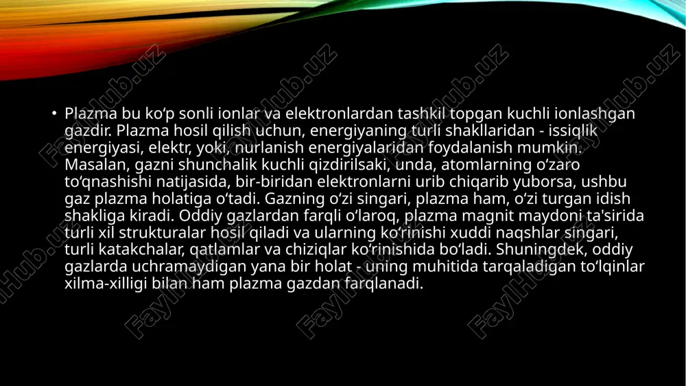 as, ya'ni gaz past haroratda bo'lsa, elektronlar esa gaz zarrachalarining bir qismini ionlash, qo'zg'atish, dissotsiatsiya qilish va hokazolar uchun etarlicha yuqori bo'lgan energiyaga (temperaturaga) ega. plazma xossalarini o‘rganishda turli tuman gazlardan va juda keng harorat diapazonlaridan foydalaniladi. shuningdek, plazma xususiyatlarini tadqiq qilishda, gazlarga nisbatan qo‘llaniladigan tashqi maydon intensivligi ham ba'zan juda katta darajalarga olib chiqiladi. ayrim tajribalarda, plazmaning o‘zini qanday tutishini o‘rganish maqsadida, gazga shunchalik katta maydon kuchlanganligi berilganki, bunday maydon intensivligi tabiatda faqat astrofizikadagi termoyadroviy reaksiyalarda bo‘ladi. plazmadagi zaryadlangan zarralar bir-biriga nisbatan juda yaqin joylashadi va shu sababli, undagi har bir zaryadlangan zarraga o‘z yaqinidagi boshqa ko‘plab zarrachalar ta'sir ko‘rsatadi. plazmali televizorlarda ksenon va neon gazlari atomlarining kuchli qo‘zg‘alishi natijasida, ular yorug‘lik kvantlarini - fotonlarni chiqara boshlaydi. ushbu kvantlarning ba'zilari, yorug‘likning biz ko‘ra olmaydigan ultrabinafsha spektriga taalluqli bo‘lad aynan o‘sha kvantlar ekrandagi lyuminoforga ta'sir ko‘rsatib, o‘z navbatida, lyuminoforni biz ko‘ra oladigan spektrdagi yorug‘lik chiqarishga majbur qiladi. displeyning har bir …