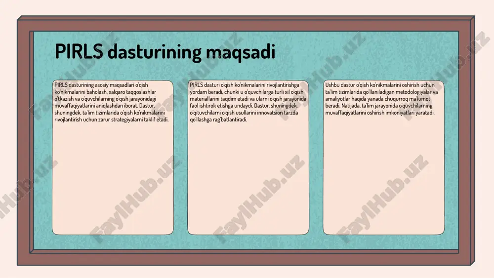 yaratadi. pirls baholashining mazmun talablari o'qish maqsadlari: tushunish, tahlil qilish, baholash. o'qishning turli ko'nikmalari: ma'lumotlarni topish, ulardan foydalanish, tahlil qilish. o'qish jarayonidagi metodlar: muhokama, o'zaro ta'sir, amaliy mashg'ulotlar. pirls baholash metodologiyasi pirls (progress in international reading literacy study) baholash metodologiyasi 4-sinf o'quvchilarining o'qish ko'nikmalarini baholashga qaratilgan. ushbu metodologiya har xil mamlakatlarda o'quvchilarning o'qish muvaffaqiyatini solishtirish imkonini beradi va o'qish jarayoni haqida chuqur tushuncha beradi. baholash usullari: - so'rovlar: o'quvchilarning o'qish ko'nikmalarini baholash uchun so'rovlar o'tkaziladi, bu usul o'quvchilarning o'qishga bo'lgan munosabatini aniqlashga yordam beradi. - testlar: o'quvchilarga o'qish ko'nikmalarini sinovdan o'tkazish uchun maxsus testlar taqdim etiladi, bu usul aniq va o'lchovli natijalar beradi. - mavzular: o'qish ko'nikmalarini baholashda muayyan mavzular tanlanadi, bu usul o'quvchilarning o'qish jarayonidagi qiziqishlarini va ularga qiziqarli bo'lgan materiallarni o'rganish imkonini beradi. har bir usulning afzalliklari va kamchiliklari: - so'rovlar: afzalliklari - o'quvchilar bilan to'g'ridan-to'g'ri muloqot o'rnatish imkonini beradi; kamchiligi - natijalar subyektiv bo'lishi mumkin. - testlar: …