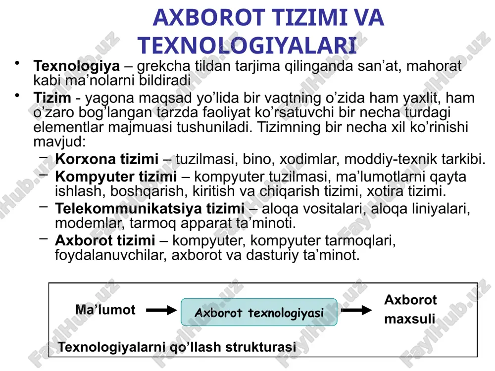 -5-avlod. katta integral sxemali hisoblash mashinalari birinchi ehm shaxsiy kompyuterlarning asosiy qurilmalari kompyuterning asosiy qurilmalari: tizim bloki monitor klaviatura sichqoncha ma’lumotlarni kiritish va chiqarish qurilmalari monitorlar – kompyuter xotirasidagi axborotlarni insonga tushunarli ko’rinishda tasvirlaydi. klaviatura – kompyuter va kompyuter xotirasiga ma’lumotlarni kiritish. klaviatura – kompyuter va kompyuter xotirasiga ma’lumotlarni kiritish. sichqoncha va trekbol kompyuterga axborotlarni kiritishning koordinatali qurilmalari hisoblanadi. ular klaviaturaning o’rnini to’laligicha almashtira olmaydi. bu qurilmalar asosan ikki yoki uchta boshqaruv tugmachasiga egadir. sichqoncha trekbol sichqoncha printer - ma’lumotlarni qog’ozga chiqaruvchi qurilma. barcha printerlar matnli ma’lumotlarni, ko’pchiligi esa rasm va grafik ma’lumotlarni rangli ko’rinishda qog’ozga chiqaradi. printerlarning quyidagi turlari mavjud: matritsali purkovchi lazerli chop etish qurilmalari matritsali lazerli purkovchi kommunikatsiya vositalari kompyuterlarni o’zaro hamda internet tarmog’i bilan bog’lash uchun xizmat qiladi va ular orqali ma’lumotlar almashiniladi. modem - telefon tarmog’i orqali kompyuter bilan aloqa qilish imkonini beruvchi qurilmadir. faks-modem - bu, faksimil xabarlarni qabul qilish va jo’natish imkonini beruvchi …