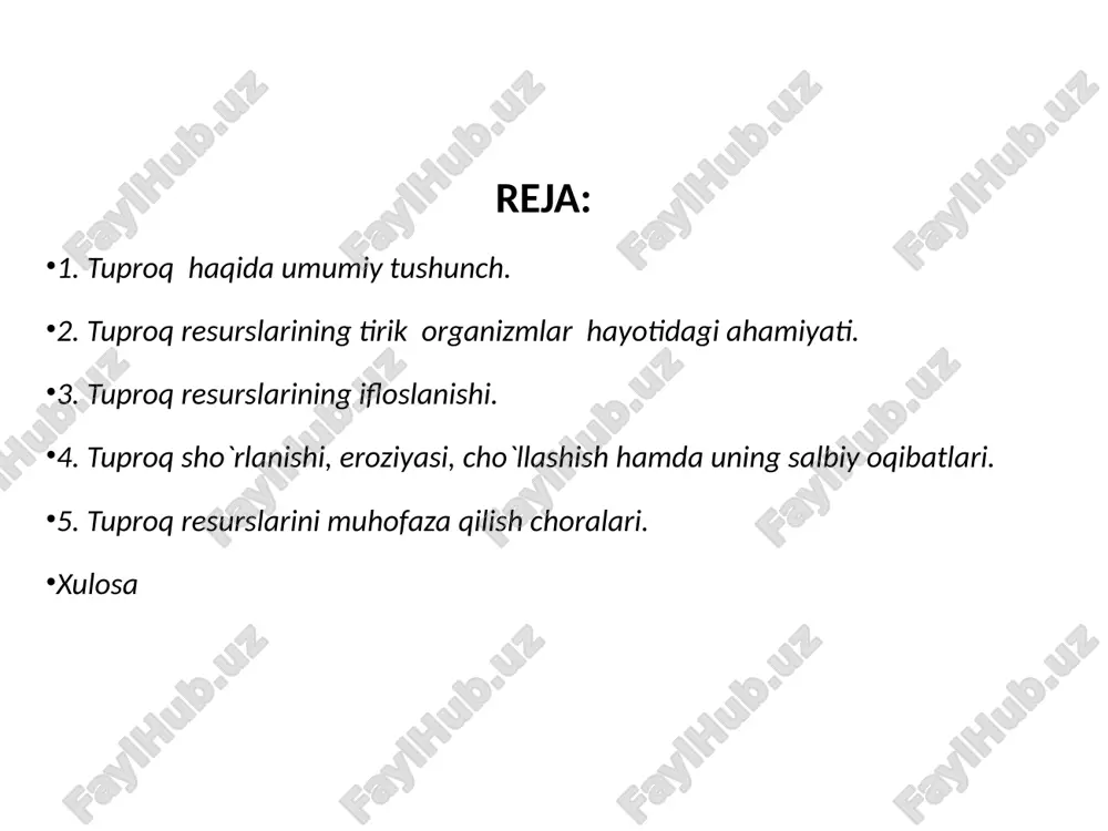 ishi, kimyoviy moddalardan me`yordan ortiq ishlatilishi, yaylovlarga chorva mollarini boqish, o`rmon va to`qaylarni qirqib yuborish va hokazolar ta`siri oqibatida yerlar yaroqsiz holga keladi. yerning sho`rlanishi, eroziyasi, cho`llashish jarayoni hamda uning salbiy oqibatlari. tabiatda shamol va suv ta`sirida tuproqning yemirilishi yoki eroziyasi kuzatiladi. lekin bugungi kunda kishilarning tuproqqa noto`g`ri munosabatda bo`lishi tufayli, ya`ni tik yerlarni noto`g`ri haydash, bostirib sug`orish, o`simliklarga noto`ri munosabatda bo`lishi, qayta sho`rlanish, zaxarli kimyoviy moddalar solish va boshqalar tuproq eroziyasini vujudga keltirib chiqaradi. antropogen eroziya tuproq resurslaridan noto`g`ri foydalanishining oqibati bo`lib, uning asosiy sabablari o`rmon va to`qaylarni qirqib yuborish, yaylovlarda chorva mollarini boqish normasiga amal qilmaslik, dehqonchilik yuritishning noto`g`ri usullaridan foydalanish va boshqalardir. ma`lumotlarga ko`ra, har kuni yer yuzida eroziya natijasida 3500 gektar unumdor tuproqli yerlar ishdan chiqadi. suv eroziyasi ko`proq tog` oldi va tog`li rayonlarda, shamol eroziyasi kuzatiladi. eroziya jarayonlarining oldini olish uchun o`simlik qoplamini tiklash, agrotexnik tadbirlarni to`g`ri olib borish, yashil himoya qalqonlarini bunyod qilish, gidrotexnik …