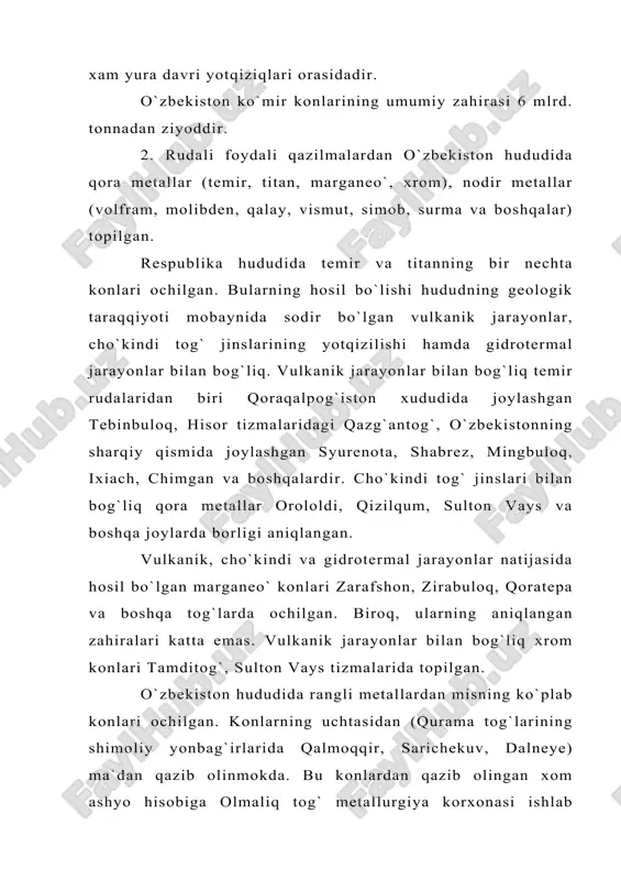 ng aniqlangan zahiralari katta emas. vulkanik jarayonlar bilan bog`liq xrom konlari tamditog`, sulton vays tizmalarida topilgan. o`zbekiston hududida rangli metallardan misning ko`plab konlari ochilgan. konlarning uchtasidan (qurama tog`larining shimoliy yonbag`irlarida qalmoqqir, sarichekuv, dalneye) ma`dan qazib olinmokda. bu konlardan qazib olingan xom ashyo hisobiga olmaliq tog` metallurgiya korxonasi ishlab turibdi. konlardagi mis quii paleozoy davriga mansub slaneo`, quyi devon davri effuzivlar, devon toshko`mir davrlari karbonat tog` jinslari hamda ularni o`rta toshko`mir davrida yorib chiqkan intruziv tog` jinslarida joylatgan. bulardan tashkari, mis konlari o`zbekistonning boshqa (qizilqum, janubiy o`zbekiston) xududlarida xam borligi aniqlangan. qo`rg`oshin va rux o`zbekistonning ko`pgina xududlarida topilgan. bunday foydaln qazilmalar janubiy o`zbekistondagi xandizada ma`lum. bunday foydali qazilmalarga chotqol-qurama tog`lari ancha boydir. bu yyerlarda qo`rg`oshinkon, miskon, koshmansoy va boshqa konlar ochilgan. qo`rg`oshin va rux konlari jizzax viloyatidagi uchqulochda, toshkent viloyatidagi konjaylay, qulochaloq va boshqa joylarda xam ochilgan. bulardan eng ahamiyatlisi uchquloch konidir. o`zbekiston xududida nodir metallarning bir qancha konlari topilgan. janubiy …