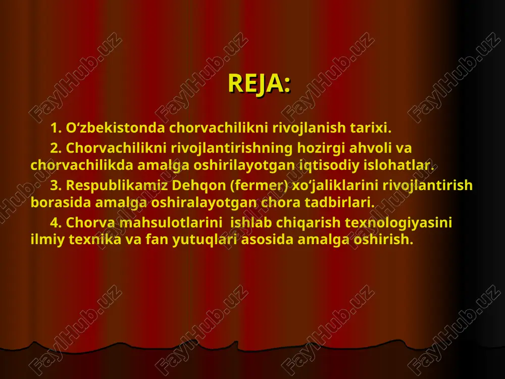 ori mahsulli naslli mollar urchitilib kelinmoqda. qora-ola - sut yo‘nalishida. sigirlarining o‘rtacha tirik vazni 480-500 kg gacha, ayrimlari 650-700 kg gacha yetadi. sut sog‘imi o‘rtacha 4200-440073 kg, yog‘dorligi 3.6 % ga teng. qizil-cho‘l-sut ynalishida. sigirlarining o‘rtacha tirik vazni 450-520 kggacha yetadi. sut sog‘imi o‘rtacha 38004000 kg, yog‘dorligi 3.7% ga teng. bushuev – sut yo‘nalishida. sigirlarining o‘rtacha tirik vazni 320-432 kg gacha yetadi. sut sog‘imi o‘rtacha 3200-3400kg, yog‘dorligi 4,0 % ga teng. * hozirgi kunda ya’ni 2023 yil 1 yanvar holatiga o‘zbekistonda jami qoramollar bosh soni 14 744,4 ming boshni tashkil etadi, shundan sigirlar 6852,3 ming boshni, qo‘y echkilar 24 770,3 ming boshni, otlar 275 283 boshni, parrandalar 96 944,5 ming boshni tashkil etadi. sut ishlab chiqarish (ming tonna hisobida)- barcha toifadagi xo‘jaliklarda- 11 274,2; shu jumladan aholida- 10639,6; qishloq xo‘jaligi korxonalarida- 124,4; fermer xo‘jaliklarida- 511,2. tuxum ishlab chiqarish (mln. dona hisobida)- barcha toifadagi xo‘jaliklarda- 7 788,4; shu jumladan aholida- 4875,9; …