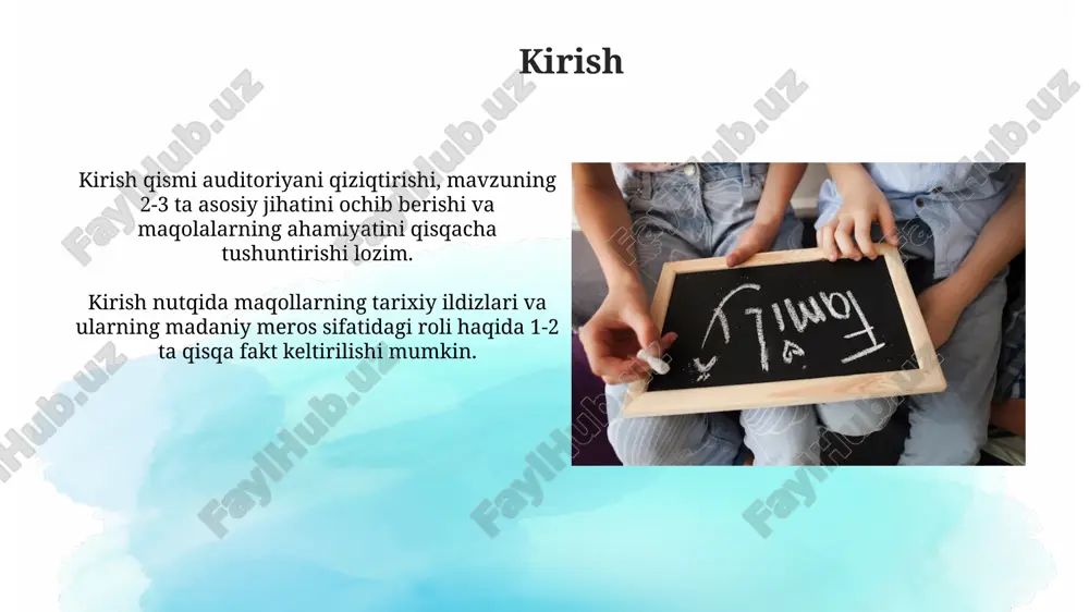 adi va tushunchalarini kengaytiradi. maqollarni o'rganishning pedagogik ahamiyati maqollar erta yoshdagi bolalarga axloqiy normalarni singdirishda muhim rol o'ynaydi, ularga 10 dan ortiq ijobiy xislatlarni, masalan, halollikni tushuntirishda yordam beradi. maqollar til boyligini oshiradi va 20 dan ortiq so'z va iboralarning ma'nosini tushunishga yordam beradi, shu bilan birga nutq madaniyatini shakllantirishda muhim ahamiyatga ega. xulosa xulosa, tadqiqotning 100 foiz muhim qismi bo'lib, o'rganilgan savolga aniq javob beradi va asosiy topilmalarni 3-4 ta asosiy fikrda jamlaydi. yaxshi xulosa tadqiqotning ahamiyatini 2 yoki 3 ta jumlada ta'kidlab, kelajakdagi tadqiqotlar uchun istiqbolli yo'nalishlarni ko'rsatib beradi. e'tiboringiz uchun rahmat image3.jpg image4.jpg image5.jpg image6.jpg image7.jpg image8.jpg image9.jpg image10.jpg image11.jpg image12.jpg image13.jpg image14.jpg image1.png