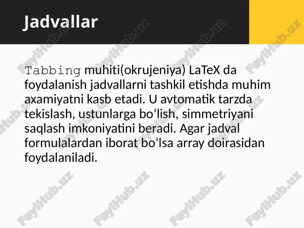 l elementi, chekkalari chiziq bilan chegaralanishi. \begin{document} \begin{tabular}{|l|l|l|l|} \hline \multicolumn{4}{|c|}{\textbf{populyarnыe napitki}}\\ \hline nazvanie & starыy melnik & bochkarev & ochakovskoe\\ \hline atribut&dushevnoe & pravilnoe & jivitelnoe\\ \hline sena & \multicolumn{2}{c|}{15} & \multicolumn{1}{c|}{14}\\ \hline \end{tabular} \end{document} misol: ba’zi xollarda gorizontal chiziq chizishda, faqat ma’lum qismini chizish kerak bo‘ladi. bu xollarda \hline o‘rniga \cline komandasidan foydalanish mumkin. misol: \begin{document} \begin{tabular}{lr@{--}l@{\qquad obed\quad}r@{--}l} ponedelnik & $8^{30}$ & 15 & 11 & 12 \\ vtornik & 12 & 19 & 15 & 16 \\ sreda & 10 & 17 & $12^{30}$ & $13^{15}$ \\ chetverg & 9 & 17 & 12 & 13 \\ pyatnitsa & 11 & 16 & &\\ subbota & 8 & 14 & 11 & 12\\ \end{tabular} \end{document} https://ru.overleaf.com/learn/latex/page_size_and_margins e’tiboringiz uchun rahmat! image2.png image3.png image4.png image5.png image6.png image7.png image8.png image9.png image10.png image11.png image1.png /docprops/thumbnail.jpeg