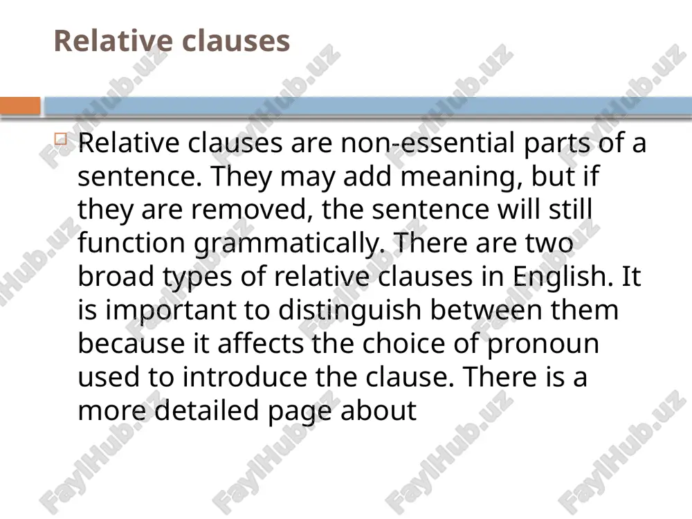 e. nothing (that) anyone does can replace my lost bag. i'm sorry, but that is all (that) i saw. non-defining clauses a non-defining or non-essential clause gives us more information about the person or thing we are talking about. if a non-defining relative clause is removed from a sentence, we lose some detail, but the overall meaning of the sentence remains the same. non-defining relative clauses are always set off from the rest of the sentence with commas or parentheses. examples the farmer, whose name was fred, sold us 10 pounds of potatoes. elephants, which are the largest land mammals, live in herds of 10 or more adults. the author, who graduated from the same university i did, gave a wonderful presentation. my mother, who is 86, lives in paris. non-defining relative clauses as the name suggests, non-defining relative clauses tell us more about someone or something, but the information …