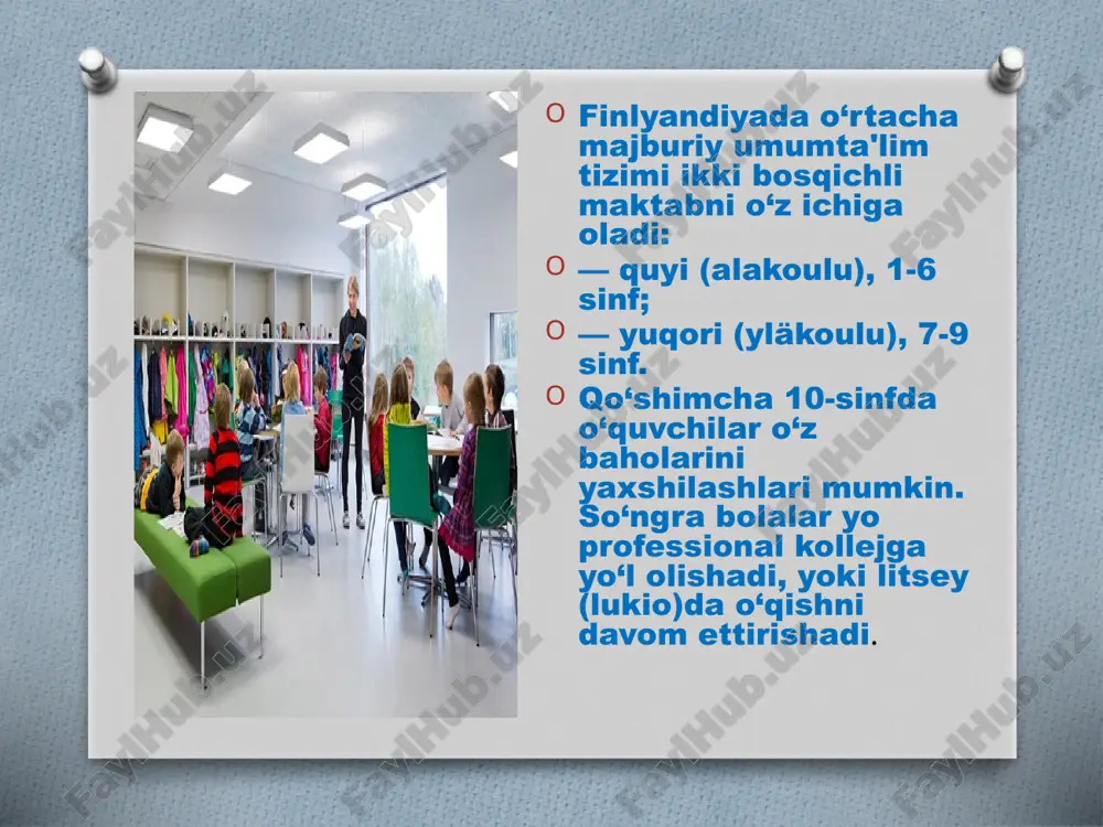 natijalari uchun birovning oldida javob ham berishmaydi, bolalar ham unga maxsus tayyorgarlik ko‘rishmaydi: boriga baraka. finlyandiya maktablarida hayotda kerak bo‘ladigan bilimlar beriladi. masalan, biror bir qurilmaning tuzilishi ularga kerak bo‘lmaydi, uni o‘rganishmaydi ham. u yerdagi bolalar bolalikdan portfolio, shartnoma, bank kartasi nima ekanini yaxshi bilishadi. merosdan soliq fozini yoki kelgusidagi daromadlarini hisoblay olishadi, internetda tashrif-saytini yarata olishadi 5. ishonch birinchidan, maktab xodimlari va o‘qituvchilar uchun turli tekshiruvlar yo‘q, o‘quvchilarga ta'lim berishga doir turli uslublarni o‘rgatuvchilar ham yo‘q. mamlakatda ta'lim dasturi yagona, faqat umumiy tavsiyalar bor, xolos. har bir pedagog o‘zi to‘g‘ri deb bilgan uslubni qo‘llaydi. ikkinchidan, bolalarga bo‘lgan ishonch: darslarda o‘quvchi o‘zini qiziqtirgan ish bilan shug‘ullanishi mumkin. masalan, adabiyot darsida o‘quv filmi namoyish etilayotgan bo‘lsa-yu o‘quvchiga buning qizig‘i bo‘lmasa, u kitob o‘qib o‘tirishi mumkin. o‘quvchi o‘zi uchun nima foydali ekanini o‘zi tanlaydi. 6. istak-xohish o‘qishni istagan odam o‘qiydi. pedagoglar o‘quvchining e'tiborini qaratishga harakat qilishadi, lekin uning o‘rgatilayotgan fanga qiziqishi yoki …
