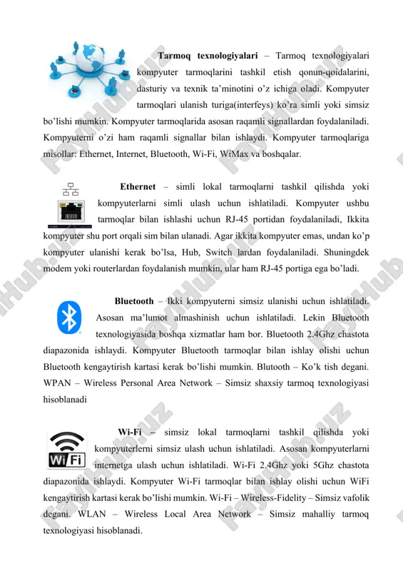 og’iga ulangan kompyuter, internetga ulangan boshqa kompyuter tarmoqlari yoki kompyuterlar bilan axborot lmashinadi yoki turli xil xizmatlardan foydalanadi. har bir internetga ulangan kompyuter o’z navbatida lokal, mintaqaviy va global tarmoqlarni bir nechtasiga ulangan bo’ladi. internet tarmoqlar aro ishlaydi, o’z ichiga ko’plab kompyuter tarmoqlarini oladi. internetga ulanish to’g’ridan to’g’ri amalga oshirilmaydi. sabab butun dunyoni tarmoqlar bilan qoplash oson ish emas va qimmatga tushadi. shuning uchun internetga ulanish telefon tarmog’i orqali amalga oshiriladi. telefon analog signallar bilan ishlaydi, kompyuter esa raqamli signallar bilan ishlaydi. kompyuterni shundayligicha telefon tarmog’iga ulab bo’lmaydi. ulashimiz uchun modem qurilmasi kerak bo’ladi. modem qisqartmasi modulator va demodulator so’zlaridan tashkil topgan. modulator – raqamli signalni analog signalga aylantirish va demodulator – analog signalni raqamli signalga aylantirishdir. shu ikki vazifani modem amalga oshiradi. modem so’zi mo – modulator va dem – demodulator so’zlarining qo’shilmasidir. turli modemlar internetga turli xil ulanish texnologiyasiga ega bo’ladi. misol: adsl, vdsl, dial-up va boshqa texnologiyalarda …