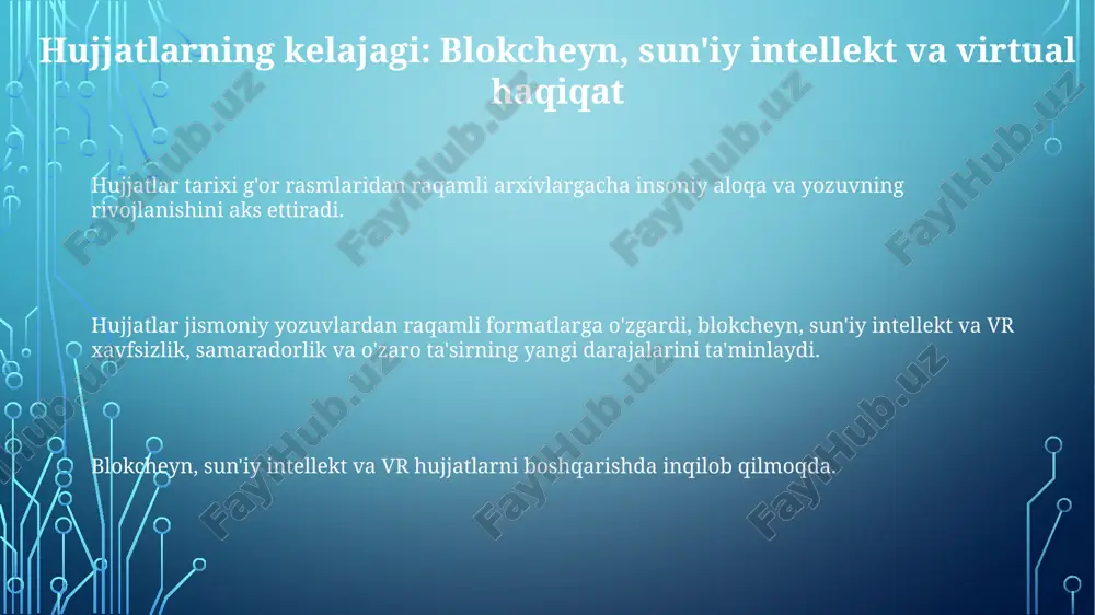 bog'liq. hujjatlar jismoniy qo'lyozmalaridan raqamli fayllarga o'zgargan bo'lib, bu texnologik taraqqiyot va o'zgarib boruvchi ma'lumot ehtiyojlarini aks ettiradi. aloqa tongi: g'or rasmlari va dastlabki ramzlar yozuv tizimlari, masalan, klinopis va iyerogliflarning rivojlanishi aloqa sohasida muhim sakrash bo'ldi, bu bilimni qayd etish va saqlashga imkon yaratdi. papyrus rulonlaridan loy taxtachalarga qadar hujjatlar ma'lumotlarni saqlash va uzatish vositalari sifatida rivojlanib, insoniyat tarixining yo'nalishini shakllantirdi. g'or rasmlari va dastlabki belgilar aloqaning eng qadimgi shakllari bo'lib, hikoyalar, e'tiqodlar va marosimlarni etkazgan. raqamli hujjatlar: mashinalardan matn muharrirlarigacha raqamli hujjatlar yozuv mashinkalaridan kelib chiqqan bo'lib, jismoniy qog'ozni elektron saqlash bilan almashtirdi. 1970-yillarda so'z protsessorlarining rivojlanishi hujjatlarni osonroq yaratish, tahrirlash va ulashish imkonini berdi. shaxsiy kompyuterlar va internetning rivojlanishi hujjatlarni yaratish va tarqatishni inqilob qildi va zamonaviy raqamli hujjatlar davriga olib keldi. bosma matbaa: bilimlarni va aloqani inqilob qilish bosma xizmati aloqani inqilob qildi, g'oyalar va ma'lumotlar tarqalishini tezlashtirdi. kitoblarni ommaviy ishlab chiqarishga imkon bergan bosma press …