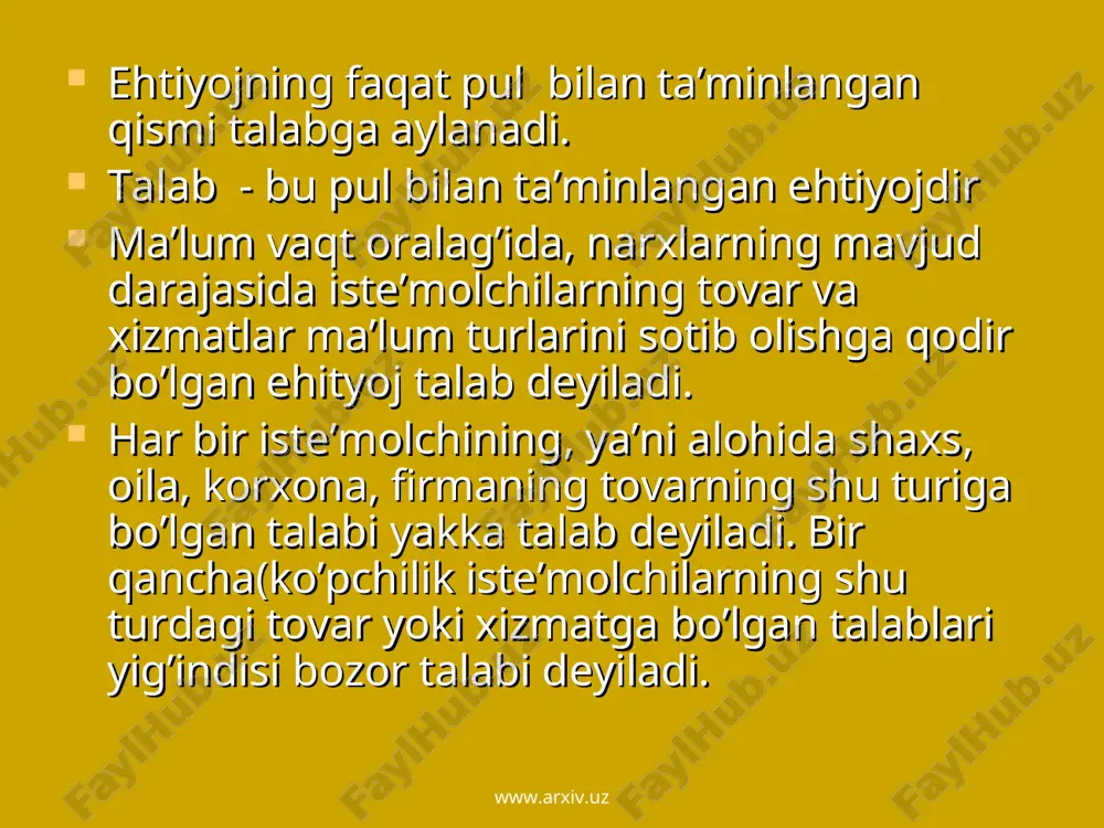 fning narx bo’yicha egiluvchanligi ko’rsatkichi deyiladi. taklifning narx bo’yicha egiluvchanligi (эtf) darajasi quyidagi formula bo’yicha hisoblanadi: эtf=δq/δp δq-talab miqdorining foizli o’zgarishi, δp-narxlarning foizli o’zgarishi. www.arxiv.uz www.arxiv.uz e’tiboringiz uchun raxmat www.arxiv.uz www.arxiv.uz