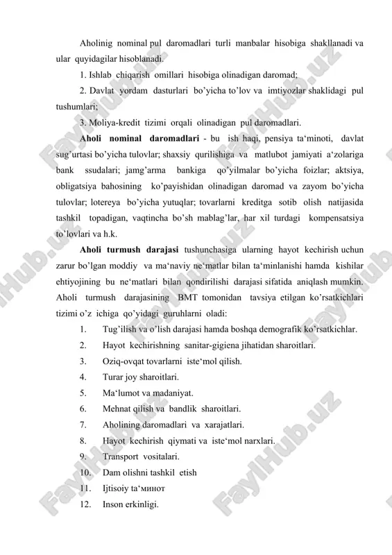 adigan yalpi ichki mahsulot ko’rsatkichi bo’yicha aniqlab, qiyosiy tahlil qilish imkonini beradi. aholi guruxlari bo’yicha daromadlar taqsimlanishi dinamikasini taqqoslash iste‘mol byudjeti asosida amalga oshiriladi. iste‘molchi byudjetlarinig bir qator turlari mavjud bo’ladi: o’rtacha oila byudjeti, yuqori darajada ta‘minlangan byudjet, minimal darajada moddiy ta‘minlanganlar byudjeti, nafaqaxo’rlar va aholi boshqa ijtimoiy guruhlari byudjeti shular jumlasidandir. bozor iqtisodiyoti sharoitida o’rtacha daromad “o’rtacha sinf” deb ataladigan tabaqalar daromadlari bo’yicha aniqlanadi. bunday gurux iste‘mol savati to’plamiga uy, avtomashina, dal hovli, zamonaviy uy jihozlari, sayr qilish va bolalar o’qitishi imkoniyati, qimmatli qog’ozlar va zebu ziynat buyumlari kiradi. bozor iqtisodiyoti aholining yuqori ta‘minlangan yoki “boy” qatlaminig mavjud bo’lishini taqazo qilib, ularga aholining yuqori sifatli tovar va xizmatlar xarid qilishga layoqatli bo’lgan juda oz miqdori kiradi. faravonlikning eng quyi chegarasini oila daromadining bundan past darajasida ishchi kuchini takror hosil qilishni ta‘minlab bo’lmaydi. bu daraja moddiy ta‘minlanganlik minimumi yoki kun kechirish darajasi (qishloqning boshlanishi) sifatida chiqadi. turmush darajasi kishilarning turmush …