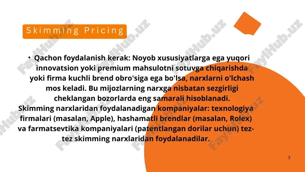 guruh xususiyatlariga asoslangan narxlash. 11 afzalliklari: daromadni ko'paytiradi: ko'proq iste'molchi ortiqchasini qo'lga kiritish orqali kompaniyalar rentabellikni oshirishi mumkin. bozor imkoniyatlarini kengaytiradi: turli xil narxlar punktlari kompaniyalarga kengroq iste'molchilarni jalb qilish imkonini beradi. mijozlarning tajribasini yaxshilaydi: maqsadli chegirmalar mahsulotni ma'lum guruhlar uchun qulayroq qiladi va yaxshi niyat hosil qiladi. 12 kamchiliklari: amalga oshirish uchun murakkab: bozorni segmentlarga ajratish va to'g'ri narxlarni belgilash qiyin bo'lishi mumkin. norozilik ehtimoli: agar iste'molchilar turli narxlarni bilishsa, bu norozilikka olib kelishi mumkin. arbitraj xavfi: iste'molchilar chegirmali mahsulotlarni qayta sotishlari mumkin, bu esa rentabellikka putur etkazishi mumkin. 13 misollar: calle cualquiera 123, cualquier lugar aviakompaniyalar chiptalar narxini bron qilish vaqti va talabga qarab o'zgartirish orqali narxlarni kamsitishdan foydalanadi. oxirgi daqiqalarda reyslarni bron qilgan ishbilarmon sayohatchilar ko'pincha oldindan bron qilgan dam olish uchun sayohatchilarga qaraganda ko'proq pul to'laydilar. 14 raqobatbardosh narxlar bozorda jozibador bo'lib qolish uchun raqobatchilarga yaqin narxlarni belgilaydi, bu ko'pincha yuqori raqobatbardosh bozorda narxlarning o'xshashligiga olib …