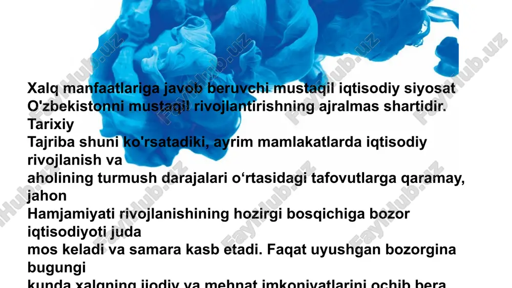 ntegratsiya strategiyasi; 7) samarali milliy strategiya iqtisodiy indikatorlar davlat iqtisodiy xavfsizligi sharti buzilishining asosiy belgisi - yaim tarkibida ishlab chiqarish investitsiyalari ulushining kamayishidir. davlatning iqtisodiy siyosatini amalga oshirish mexanizmi quyidagi chora-tadbirlardan iborat: - tashkiliy-boshqaruv; - me’yoriy-huquqiy; - moliyaviy-iqtisodiy; - ijtimoiy-psixologik. eʼtiboringiz uchun rahmat image1.jpeg image2.jpeg image3.jpeg image4.jpeg image5.jpeg image6.jpeg image7.jpeg