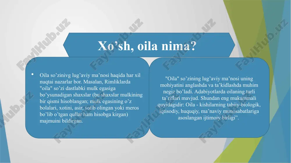 jlarini bajarishga yordam bergan ahli ayollaringiz jannatga kiradi...»2. bu nafakat buyuk, balki o‘ta muhim vazifa hamdir. u sababsiz taloq so‘ramaydi. hadislardan birida shunday deyiladi: «(islomda) ruxsat berilganlardan alloh eng xushlamaydigani taloqdir» va «sababsiz taloq so‘ragan ayol hatto jannat bo‘yini hidlamaydi». ayol eriga biror zarar etkazishdan tiyiladi, doim uydan chiqishga, mehmon chaqirishga va boshqa muhim masalalar bo‘yicha eridan ruxsat so‘raydi. oilada ayol kishining roli ham katta ahamiyatga ega, chunki har bir musulmon ayoli alohida fazilatlarga ega bo‘lishi kerak: qur’on va hadislar nikoh kurish, farzand ko‘rish, balog’atga etish, oilaviy hayot va o‘lim singari insonlar hayotidagi muhim voqealarda nimalar qilinishi zarurligini ko‘rsatadi. qur’on va hadislar nikoh kurish, farzand ko‘rish, balog’atga etish, oilaviy hayot va o‘lim singari insonlar hayotidagi muhim voqealarda nimalar qilinishi zarurligini ko‘rsatadi. hadislardan birida payg’ambarimiz muhammad (s.a.v.) shunday deydilar: «nikoh mening an’anamdir, bu an’anadan yuz o‘girgan kishilar men bilan emasdir». islom dinida nikoh - bu farzandlar tarbiyalash va baxtli oila qurish …