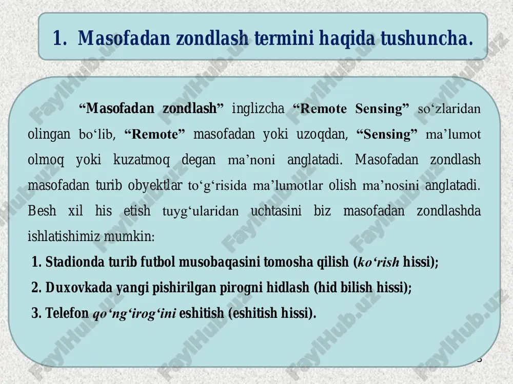 molyotlar orqali havodan va sun’iy yo‘ldoshlar yordamida fazoviy usullardan foydalanib amalga oshirilmoqda. shuningdek, masofadan zondlashda nafaqat fotoplyonkalar, balki raqamli fotoapparatlar, skanerlar, videolar, radar va termal sensorlar ishlatilmoqda. o‘tgan zamonlarda esa masofadan zondlash elektromagnit spektrning ko‘rinuvchi qismini ishlatish imkoniyati bilan cheklangan, spektrning inson ko‘ziga ko‘rinmaydigan qismi hozirgi kunda spektral filtrlar, fotoplyonkalar va boshqa turdagi sensorlar yordamida ishlatilishi mumkin. shuningdek, yerning ko‘rinishi amaliyotga va hayotiy muammolarni hal etishga tadbiq etilgan, bunga misol qilib i jahon urushi davridagi havo razvedkasini keltirishimiz mumkin. 9 aerosuratlar dushman qo‘shini joylashgan joyni tez va yerdan kuzatganga qaraganda ancha xavfsiz kuzatish imkoniyatini bergan. aerosuratlar harbiy kartalarni va strategik joylar haqidagi ma’lumotlarni tez va nisbatan aniqroq yangilash imkonini bergan. hozirgi kunda esa masofadan zondlash tez, aniq va yangi ma’lumotlar to‘plash talab qilinadigan soha bo‘lgan atrof muhit boshqaruvida juda keng foydalanilmoqda. sun’iy yo‘ldosh texnologiyalari va ko‘p – spektrli sensorlarni yaratilishi imkoniyatlarni yanada kengaytirdi, ushbu texnologiyalar yordamida yerning juda katta maydonlaridan …