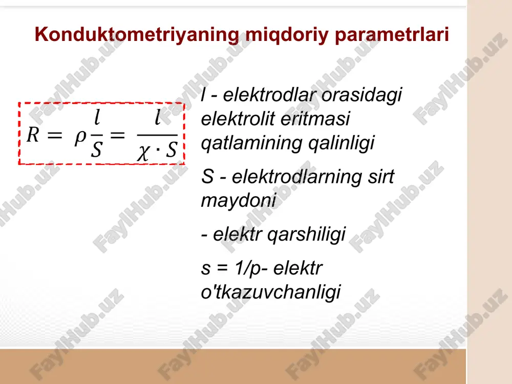 mol-1 ms sm2 mol-1 konduktometriyaning asosiy tushunchalari 1. cheksiz katta suyultirishdagi ekvivalent elektr o'tkazuvchanligi (ya'ni, konsentratsiya cheksiz kichik bo'lganda) elektrolitning konsentratsiyasiga bog'liq bo'lmagan, lekin elektrolitning harorati va tabiatiga bog'liq bo'lgan ma'lum bir doimiy qiymatga intiladi. cheklovchi elektr o'tkazuvchanligi  yoki  deyiladi. suyultirilgan eritmalarda elektr o'tkazuvchanligi zaryadlangan zarrachalar soniga to'g'ridan-to'g'ri proportsionaldir. 2. cheklovchi elektr o‘tkazuvchanlikni = f(c) bog‘liqligidan tajriba yo‘li bilan aniqlash mumkin. konduktometriyaning asosiy tushunchalari suvdagi ba'zi ionlarning  elektr o'tkazuvchanlik qiymatlarini cheklash (t=291 k) kation , смсм2моль-1 anion , смсм2моль-1 h+ 349,8 oh- 198,3 nh4+ 73,7 1/4[fe(cn)6]4- 111 k+ 73,5 1/2so42- 80,8 1/2pb2+ 70 j- 76,8 1/3fe3+ 68 cl- 76,4 ag+ 62,2 no3- 71,5 1/2ca2+ 59,5 po43- 69 1/2mg2+ 53 hco3- 44,5 na+ 50,1 ch3coo- 40,9 ion harakatchanligiga ta'sir qiluvchi omillar ba'zi ionlarning ekvivalent elektr o'tkazuvchanligi qiymatlari tempertura 18 с 25 с ion ekvivalent elektr o'tkazuvchanligi , смсм2моль-1 кat+ 5,31,9 6,22,3 аn- 5,52,7 6,43,1 н+ 31,5 34,97 он- …