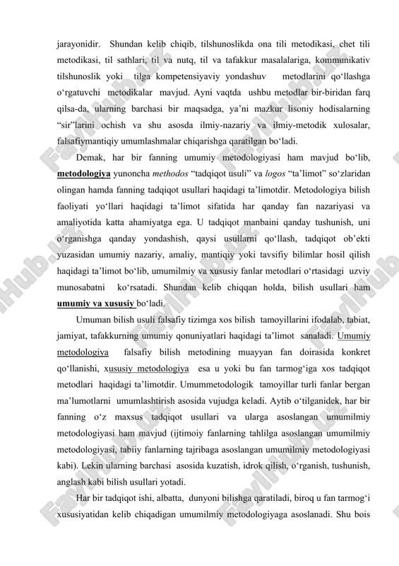 dologiya esa u yoki bu fan tarmog‘iga xos tadqiqot metodlari haqidagi ta’limotdir. umummetodologik tamoyillar turli fanlar bergan ma’lumotlarni umumlashtirish asosida vujudga keladi. aytib o‘tilganidek, har bir fanning o‘z maxsus tadqiqot usullari va ularga asoslangan umumilmiy metodologiyasi ham mavjud (ijtimoiy fanlarning tahlilga asoslangan umumilmiy metodologiyasi, tabiiy fanlarning tajribaga asoslangan umumilmiy metodologiyasi kabi). lekin ularning barchasi asosida kuzatish, idrok qilish, o‘rganish, tushunish, anglash kabi bilish usullari yotadi. har bir tadqiqot ishi, albatta, dunyoni bilishga qaratiladi, biroq u fan tarmog‘i xususiyatidan kelib chiqadigan umumilmiy metodologiyaga asoslanadi. shu bois har bir tadqiqotchi, avvalo, o‘z tadqiqot ishining umumilmiy metodologiyasini va undan kelib chiqadigan tadqiqot metodlari belgilab olishi kerak bo‘ladi. buni quyidagi ierarxik bosqichlarda ko‘rsatish mumkin: · tadqiqot maqsadi – farazi – kutiladigan yangilik · tadqiqot predmeti va ob’ektini tanlash · tadqiqot metodologiyasi va metodlarini tanlash. har bir metod esa o‘z ichida kuzatish, dalillarni to‘plash, ularni o‘rganish, qiyoslash, chog‘ishtirish, fikrlarni umumlashtirish, anketa so‘rovnoma va tajribasinov o‘tkazish, …
