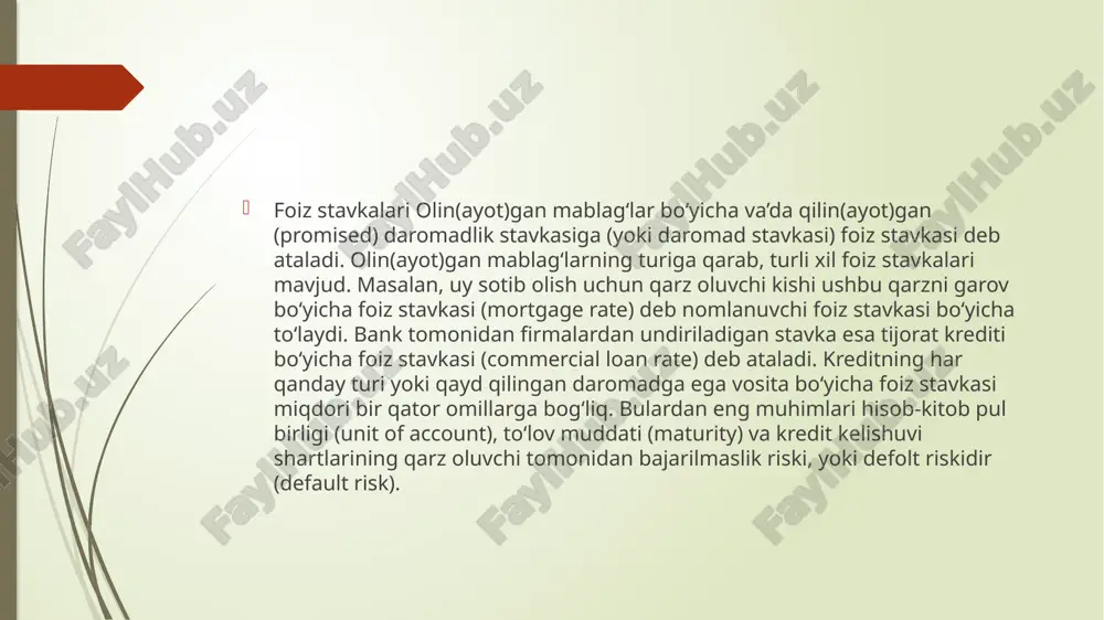 daromadlilik stavkasi xos emas. misol uchun, agar siz ko‘chmas mulkka, aksiyalar va san’at asarlariga kapitalni investitsiya qilayotgan bo‘lsangiz, kelajakda sizga hech qanday to‘lovlar kafolatlanmaydi. endi, keling, shu turdagi riskli aktivlar bo‘yicha daro-madlilik stavkasi qanday o‘lchanishini ko‘rib chiqaylik. agar siz qandaydir ulushbay qimmatli qog‘ozlarga, misol uchun oddiy aksiyalarga mablag‘ingizni investitsiya qilgan bo‘lsangiz, sizning qo‘ygan kapitalingizga daromad (return) ikki manbadan tushadi. birinchisi — mazkur qimmatli qog‘ozlar emitent-firmasi aksionerlarga pul ko‘rinishida to‘laydigan dividendlar. mazkur dividend to‘lovlari shartnomada kelti-rilmaydi va shunga ko‘ra, ularni foizli to‘lovlar deb bo‘lmaydi. divi-dendlar firma direktorlar kengashining ixtiyoriga ko‘ra to‘lanadi. aksiyador aksiyalarga egalik qilgan vaqt mobaynida aksiya bozor kur-sining o‘sishi aksiya egasi tomonidan kiritilgan kapitalning ikkinchi daromad manbai hisoblanadi. mazkur turdagi daromadni kapitalning o‘sishi deb aytiladi (capital gain). agar aksiya egasi kursning tushishi tufayli zarar ko‘rayotgan bo‘lsa, bu narsa kapitalning yo‘qotilishi (capital loss) deyiladi. qo‘yilgan kapital daromadini aniqlash uchun aksiyalarga egalik qilish davomiyligi bir kundan bir necha o‘n yillikkacha bo‘lishi …