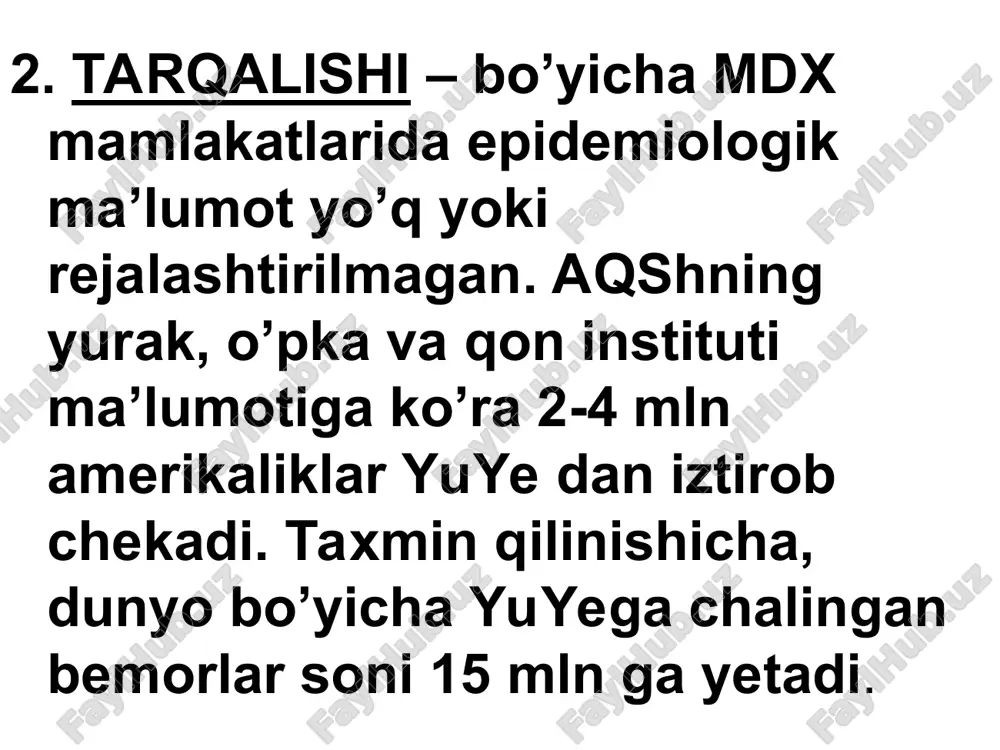 ing klinik belgilarini fizik yuklama hajmi bilan solishtirish (qiyoslash) orqali yuzaga kelishiga asoslangan. turli guruh pasientlarining yoki biror kasalni dinamikada, hamda davo o’tkazilganda qiyoslash uchun qulaylik beradi. bunda bemorning xolati funksional sinf (klass)larga bo’linadi nyha bo’yicha tasnif: i fs – fizik faollik chegaralanmagan: odamdagi (kundalik) fizik yuklama behollik, charchash, hansirash yoki yurak urishini chaqirmaydi (simptomsiz chap qorincha disfunksiyasi). ii fs – fizik faollik o’rtacha chegaralangan. tinch xolatda bemorda hech qanday patologik simptomlar namoyon bo’lmaydi. insondagi fizik faollik: charchash, yurak urishi, hansirash yoki og’riqni yuzaga keltiradi nyha bo’yicha tasnif: iii fs – fizik faollik yaqqol chegaralanadi: garchi pasient tinch xolatda o’zini yaxshi his qilsada, oz miqdordagi fizik zo’riqish yuye ning klinik belgilarini yuzaga keltiradi. iv fs – har qanday fizik faollik diskomfort belgilarini yuzaga keltiradi: yuye belgilari tinch xolatda ham sodir bo’ladi va arzimagan kichik fizik faollikda ular kuchayadi. a. o’tkir yurak yetishmovchiligi – chap qorincha yetishmovchiligi ko’rinishida yurak astmasi xuruji …