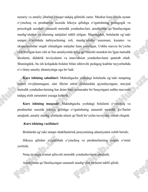 samarali metodik yo‘llarini aniqlash, amaliy mashg‘ulotlarda ularni qo‘llash bo‘yicha tavsiyalar ishlab chiqish. .kurs ishining vazifalari: bolalarda og‘zaki nutqni shakllantirish jarayonining ahamiyatini ochib berish; hikoya qilishni o‘rgatishda o‘yinchoq va predmetlarning tutgan o‘rnini yoritish; nutq rivojiga xizmat qiluvchi metodik yondashuvlarni aniqlash; amaliyotda qo‘llanilayotgan samarali mashg‘ulot turlarini tahlil qilish; tarbiyachilar faoliyatida qo‘llanilishi mumkin bo‘lgan metodik tavsiyalarni ishlab chiqish; eksperimental kuzatuvlar orqali olingan natijalarni ilmiy tahlil qilish; bolalarning nutqiy rivojlanishiga ta’sir etuvchi omillarni o‘rganish; kurs ishida olingan xulosalar asosida amaliy tavsiyalar berish. kurs ishining obʼyekti: ilk maktabgacha yoshdagi bolalarning nutqiy faoliyati. kurs ishining tarkibiy tuzilishi: kurs ishi kirish, uchta asosiy bob, har bir bob bo‘limlardan iborat, xulosa, foydalanilgan adabiyotlar ro‘yxatidan tashkil topgan. i bob. ilk maktabgacha yoshdagi bolalar nutqining o‘ziga xos xususiyatlari 1.1. ilk maktabgacha yosh davrida nutq taraqqiyotining psixologik-pedagogik asoslari ilk maktabgacha yosh davri bolaning shaxsiy rivojlanishida eng muhim bosqichlardan biri hisoblanadi. bu davrda bolaning nutqiy faoliyati shakllanib, asta-sekin rivojlanadi. bola o‘z fikrini …