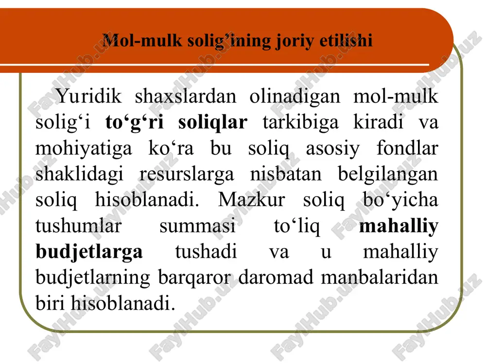 iriladigan asbob-uskunalar kiradi). mol-mulk solig‘i solinadigan baza soliq solinadigan baza quyidagilardir: -asosiy vositalar bo'yicha - asosiy vositalarning o'rtacha yillik qoldiq qiymati. asosiy vositalarning qoldiq qiymati ushbu mol-mulkning boshlang'ich (tiklanish) qiymati bilan amortizatsiya hajmi o'rtasidagi farq sifatida aniqlanadi. -normativ (belgilangan) muddatda tugallanmagan qurilish ob'ektlari va ishga tushirilmagan asbob-uskunalar bo'yicha — tugallanmagan qurilishning va o'rnatilmagan asbob-uskunalarning o'rtacha yillik qiymati. o'zbekiston respublikasi norezidentlarining ko'chmas mulk ob'ektlariga nisbatan ushbu mol-mulkning o'rtacha yillik qiymati soliq solinadigan bazadir. soliq solinadigan bazani belgilash tartibi soliq solish ob'ektlarining o'rtacha yillik qoldiq qiymati (o'rtacha yillik qiymat) soliq davridagi har bir oyning oxirgi kunidagi holatga ko'ra soliq solish ob'ektlarining qoldiq qiymatlarini (o'rtacha yillik qiymatlarini) qo'shishdan olingan summaning o'n ikkidan bir qismi sifatida ortib boruvchi yakun bilan aniqlanadi. o'rtacha yillik qoldiq qiymati 31 yanvar + 28 (29) fevral + … + 30 noyabr + 31 dekabr = ------------------------------------------------------------------------ 12 soliq solinadigan bazani belgilash tartibi o'zbekiston respublikasi norezidentlarining ko'chmas mulk ob'ektlari bo'yicha …