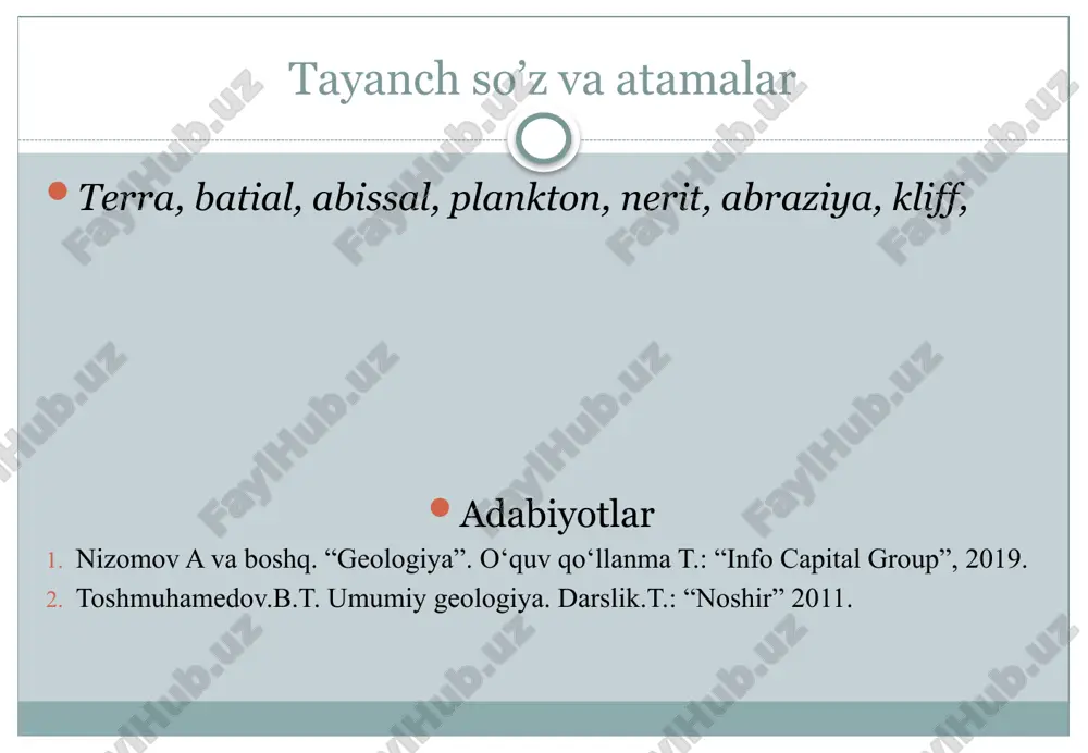 tilida qumloq sohil degan mazmun beradi)lar shakllanadi. okean va dengizlarning yemirish faoliyati: to‘lqin kuchi okeanlar, ochiq dengizlarda ba’zan har kv.m maydonga 38 tonna ga qadar yetish ehtimoli bor. bu ko‘rsatkich ichki dengizlarda bir muncha sust kechib, har kv.m. maydonga 15 tonnaga tushib qolishi mumkin. shunday holatlarda, ba’zan og‘irligi 200 tonnadan ziyod bo‘lgan xarsanglarni ham to‘lqinning zarb kuchi joyidan ko‘zg‘atib yubora oladi. ayniqsa qirg‘oq chizig‘i tiq bo‘lgan sohillarda yemirish intensiv holatda kechadi. okean va dengiz suvining qalqishi: okean va dengiz suvining davriy qalqishi mobaynida ekvator hududlari bo‘ylab eng kuchli harakat sodir bo‘lib, qalqima 2m.ga qadar ko‘tariladi. ekvatordan shimol va janubga borgan sari ushbu harakat tobora susaya boradi. shu tariqa shimoliy muz okeani hududlrida suv yuzasining qalqishi o‘lchami atigi bir necha santimetrlarni tashkil etadi xolos. u o‘z navbatida juda katta hajmdagi yemirish, eltish, to‘plash kabi jarayonlarni bajaradi. bu jarayonlar esa o‘z navbatida katta geologik ahamiyat kasb etadi. okean va dengiz suvining qalqishi: …